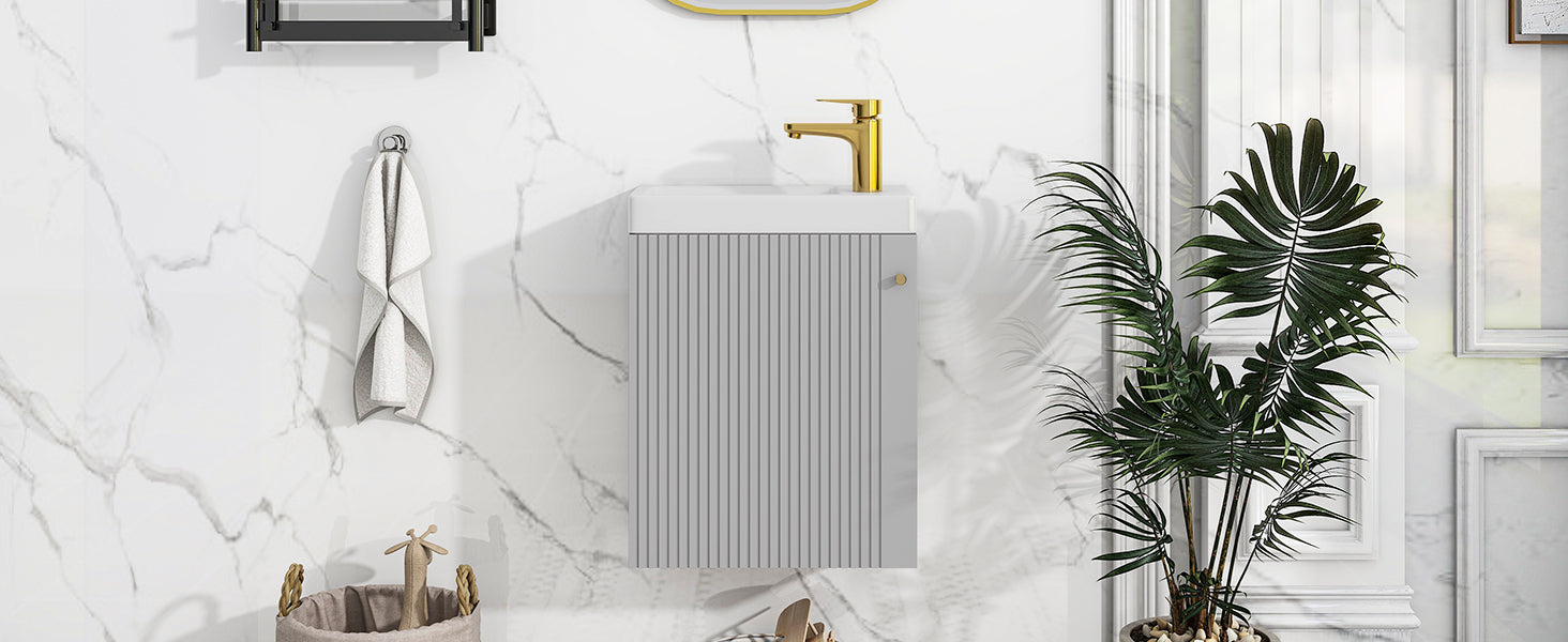 Viedo Contemporary 16" Wall Mounted Bathroom Vanity Combo Cabinet With Ceramic Basin Ideal For Small Bathrooms Grey Mdf