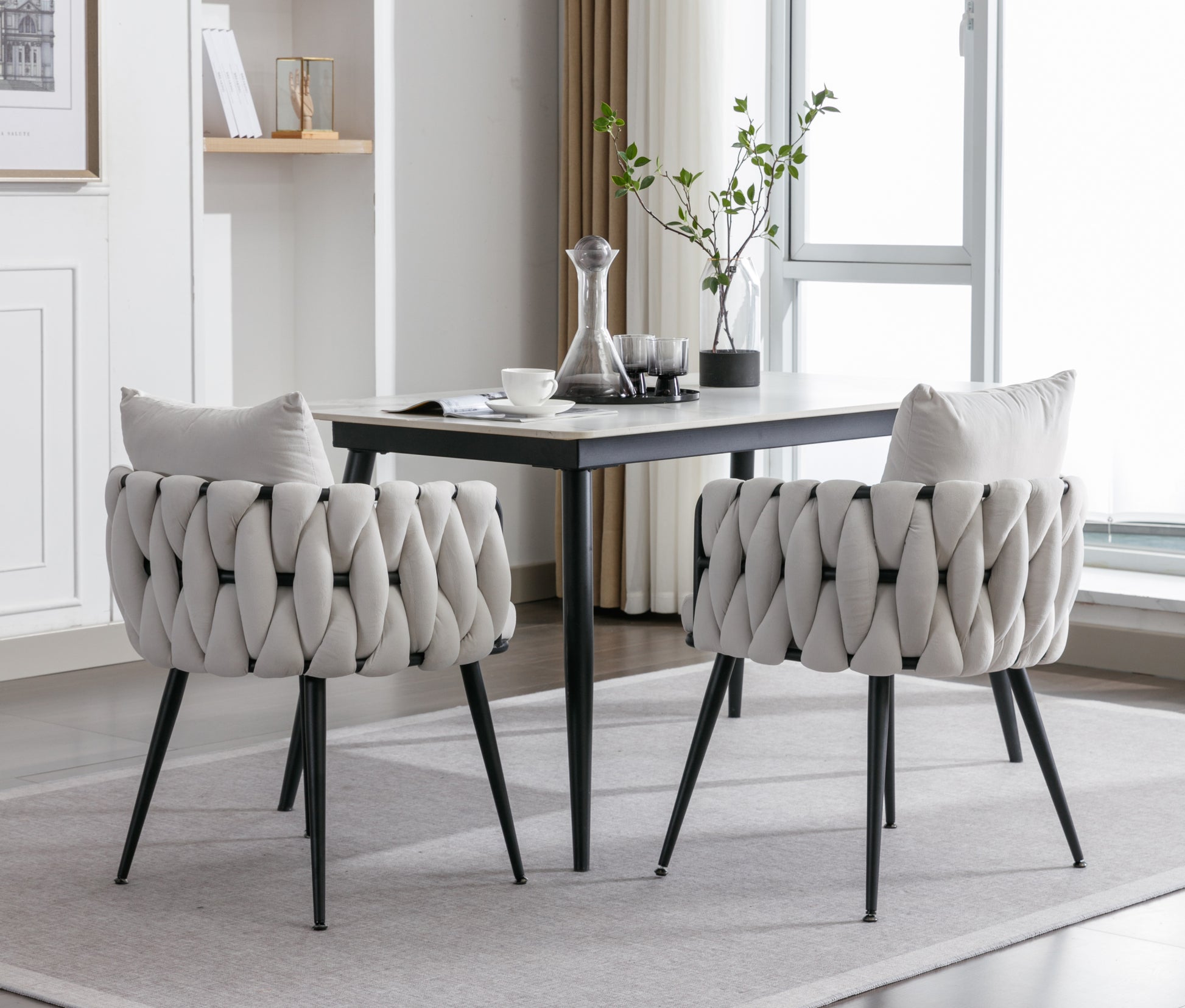 Pure Ivory Modern Velvet Dining Chairs Set Of 2 Hand Weaving Accent Chairs Living Room Chairs Upholstered Side Chair With Black Metal Legs For Dining Room Kitchen Vanity Living Room Ivory Velvet