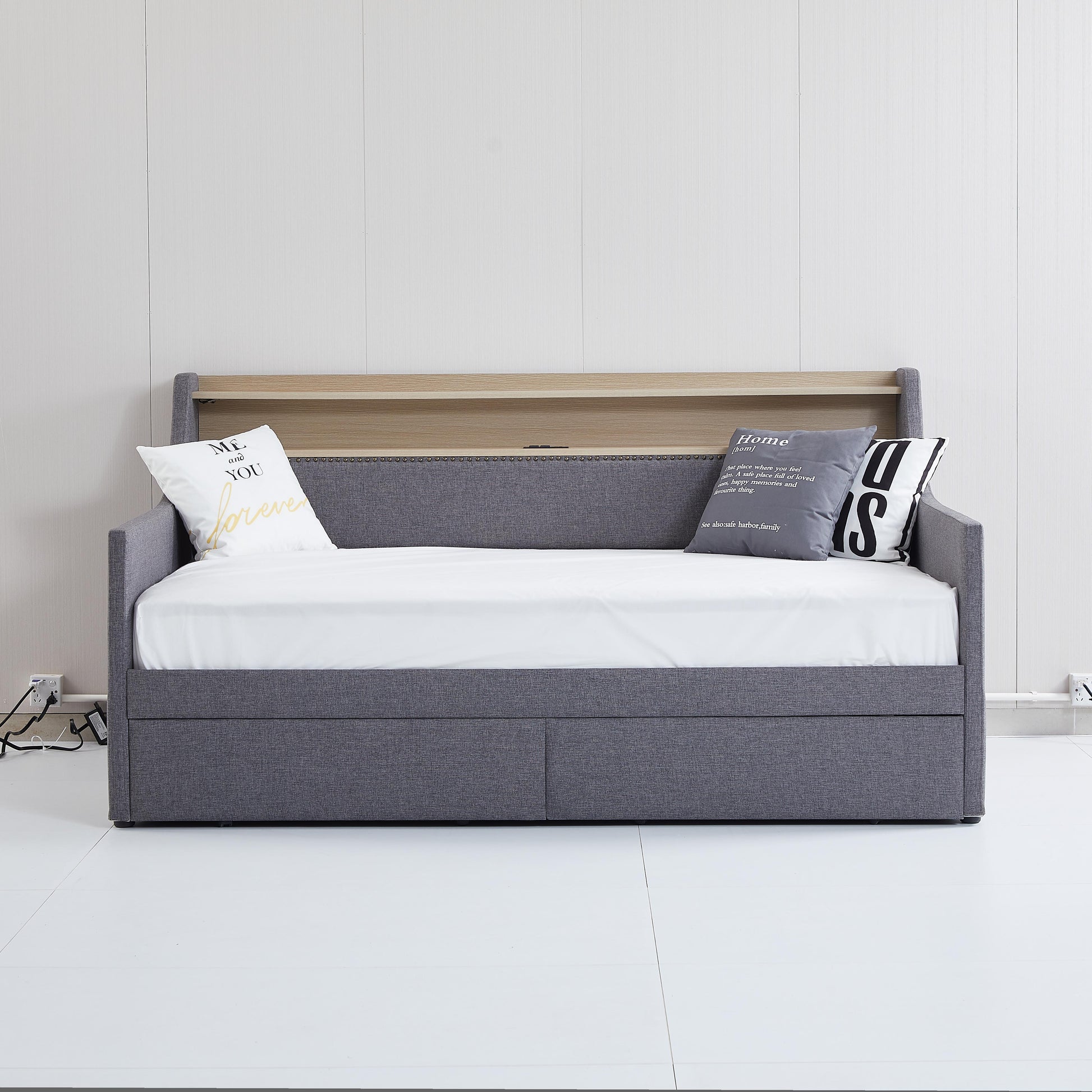 Twin Size Daybed With Storage Drawers, Upholstered Daybed With Charging Station And Led Lights, Gray Old Item W1580S00034 Twin Gray Linen