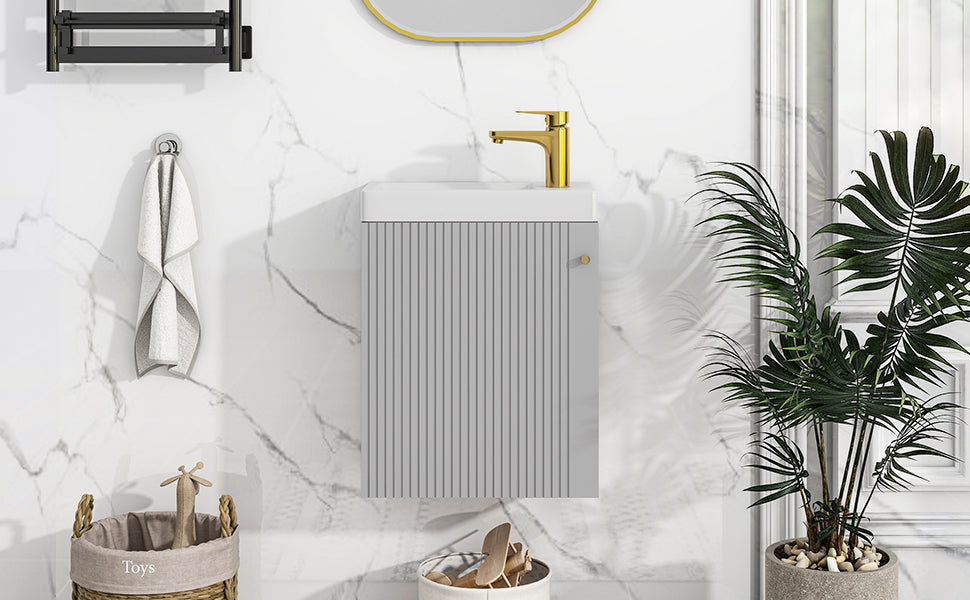 Viedo Contemporary 16" Wall Mounted Bathroom Vanity Combo Cabinet With Ceramic Basin Ideal For Small Bathrooms Grey Mdf