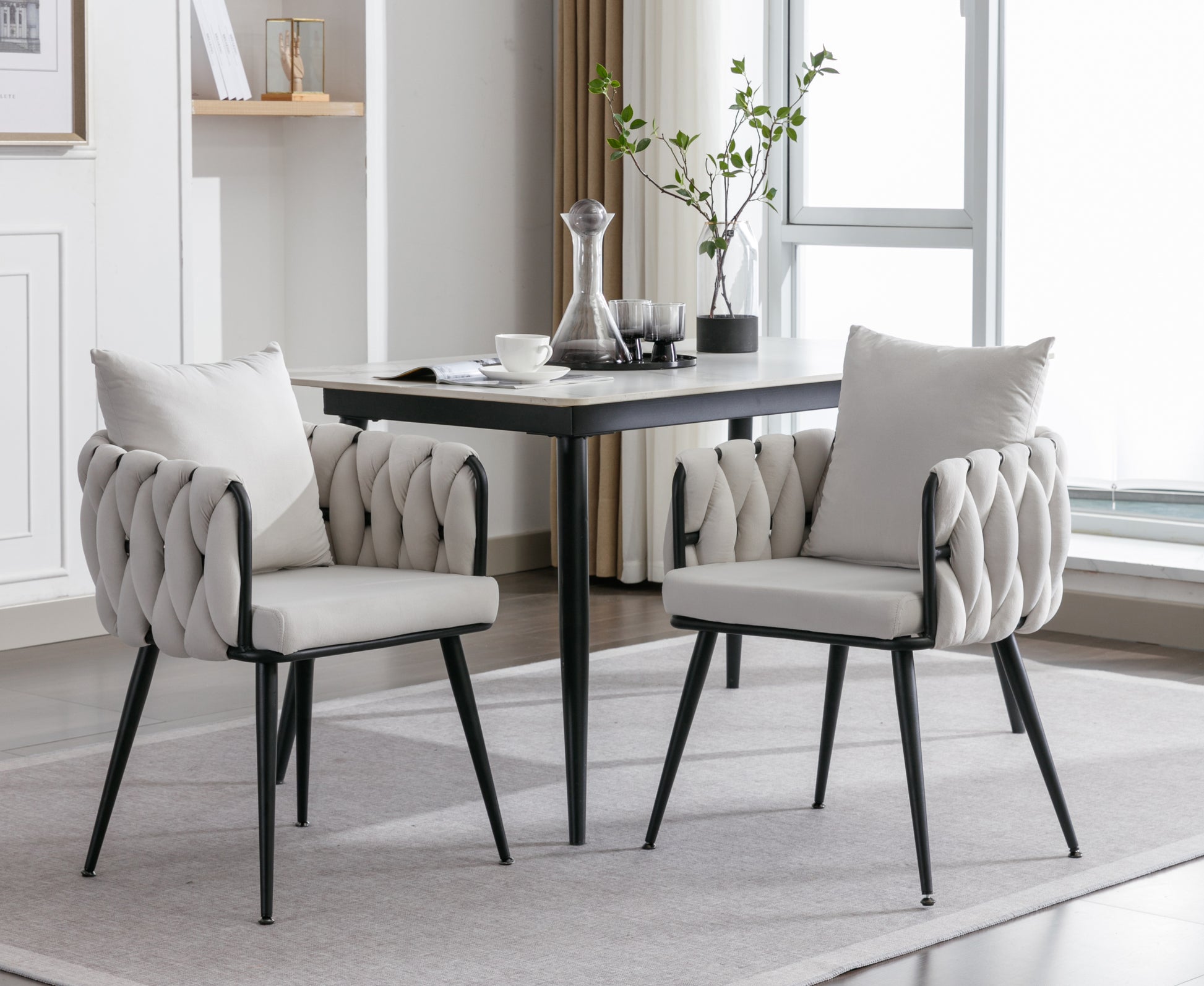 Pure Ivory Modern Velvet Dining Chairs Set Of 2 Hand Weaving Accent Chairs Living Room Chairs Upholstered Side Chair With Black Metal Legs For Dining Room Kitchen Vanity Living Room Ivory Velvet