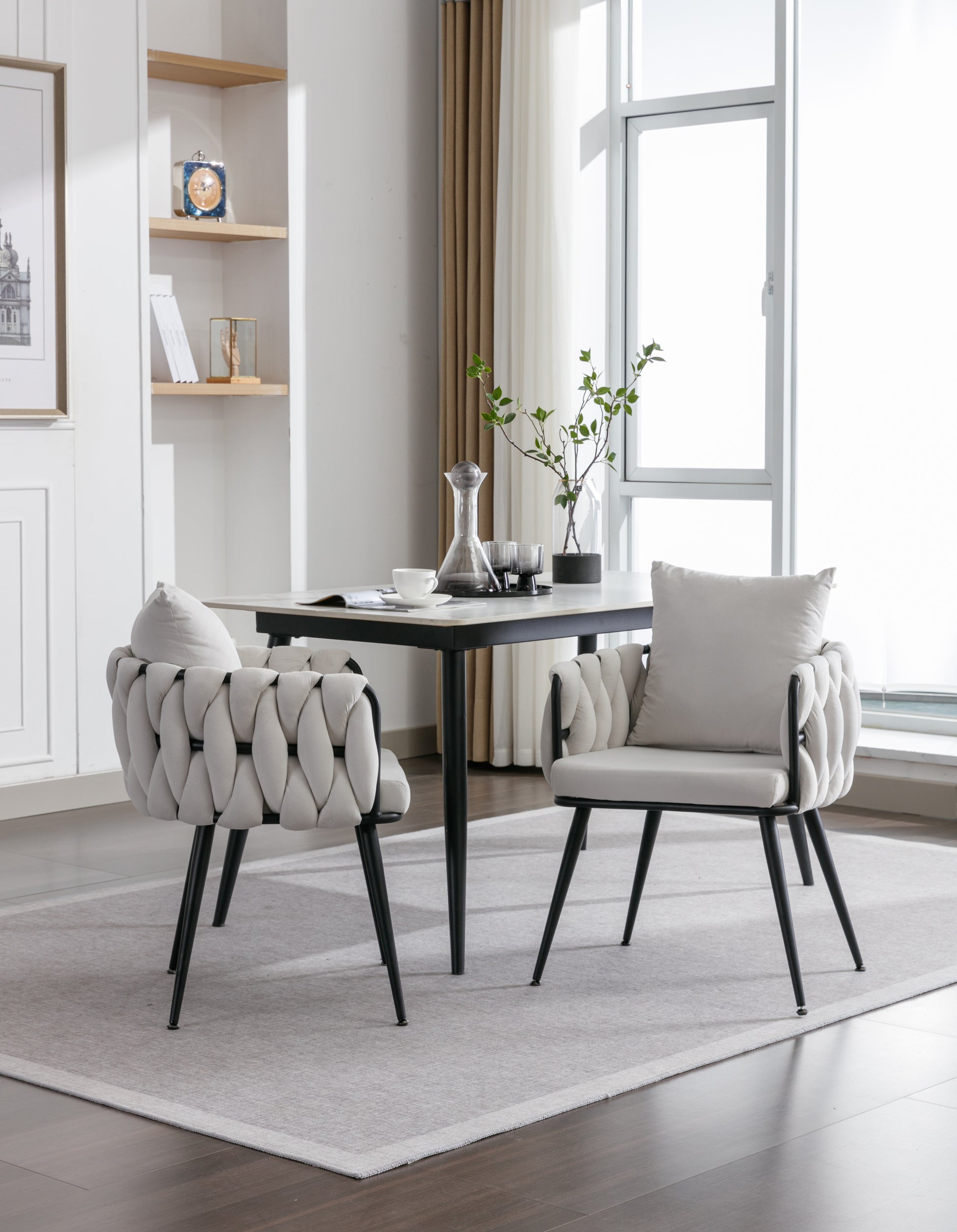Pure Ivory Modern Velvet Dining Chairs Set Of 2 Hand Weaving Accent Chairs Living Room Chairs Upholstered Side Chair With Black Metal Legs For Dining Room Kitchen Vanity Living Room Ivory Velvet