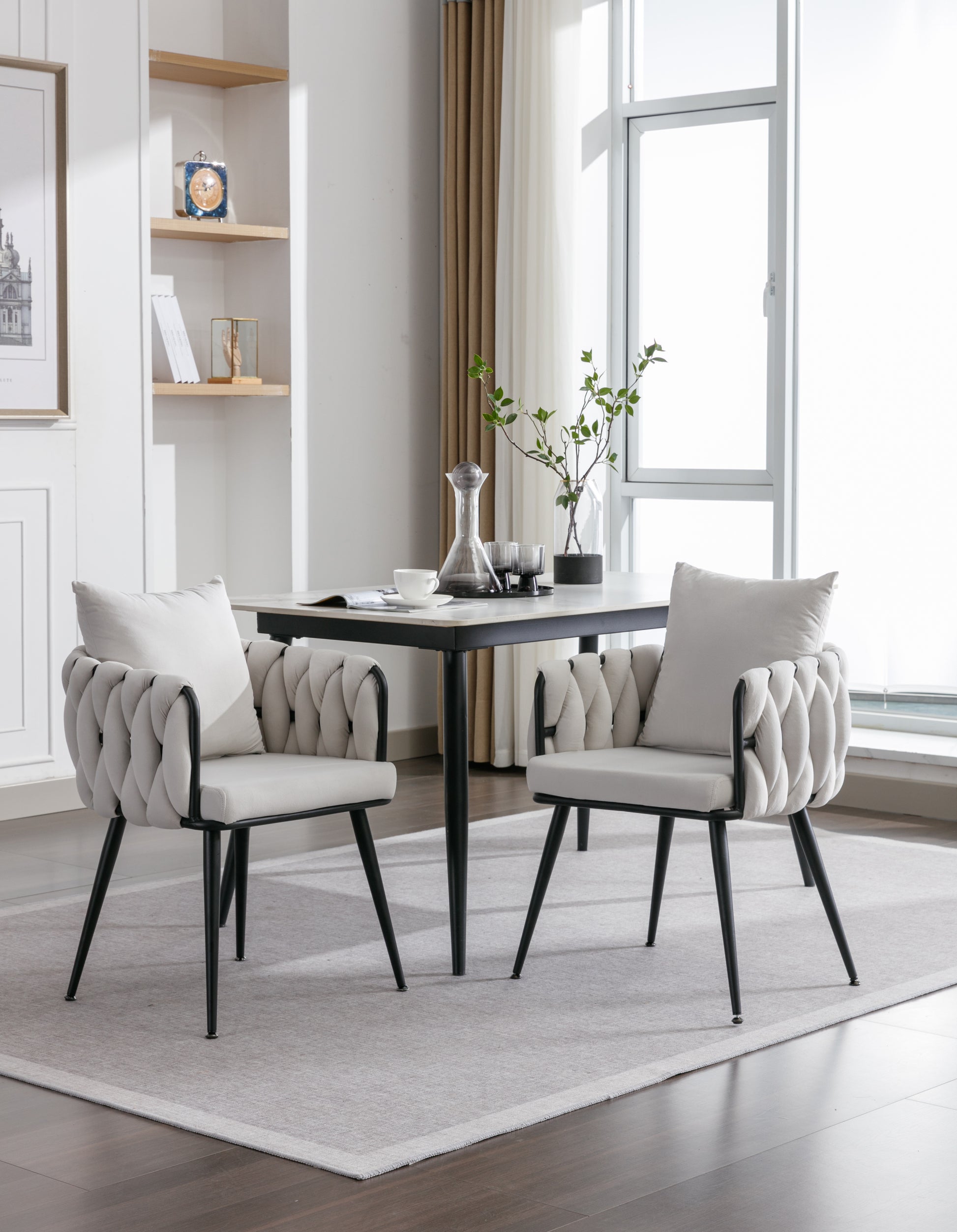 Pure Ivory Modern Velvet Dining Chairs Set Of 2 Hand Weaving Accent Chairs Living Room Chairs Upholstered Side Chair With Black Metal Legs For Dining Room Kitchen Vanity Living Room Ivory Velvet