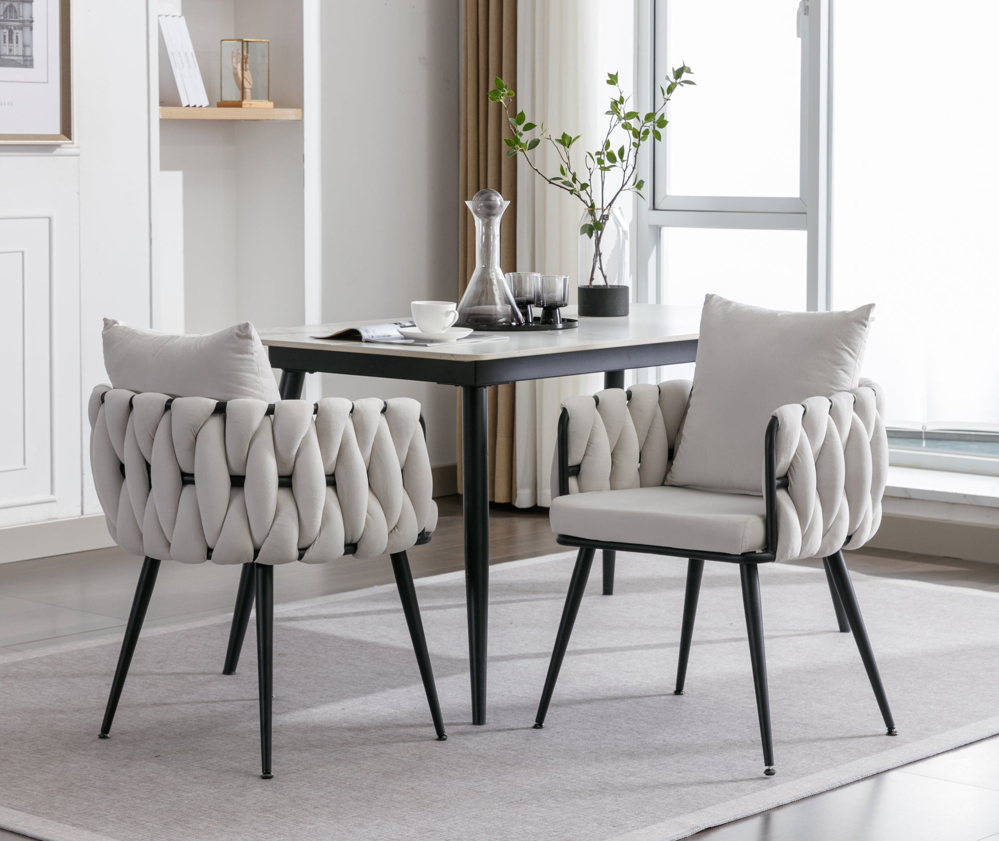 Pure Ivory Modern Velvet Dining Chairs Set Of 2 Hand Weaving Accent Chairs Living Room Chairs Upholstered Side Chair With Black Metal Legs For Dining Room Kitchen Vanity Living Room Ivory Velvet