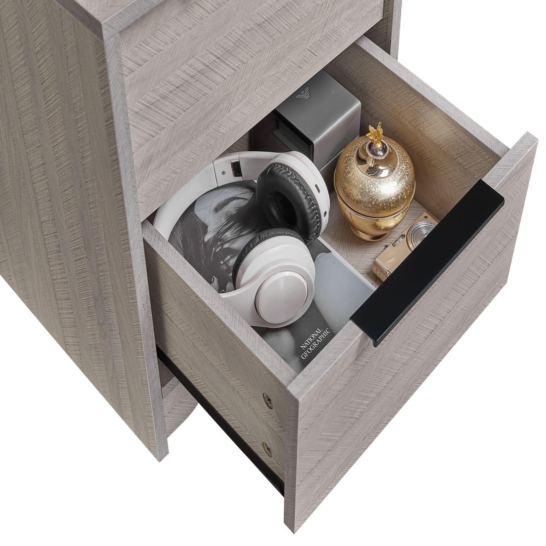 Grey Wooden Nightstand With Two Drawers For Bedrooms And Other Places. Antique Gray 2 Drawers Bedroom Engineered Wood