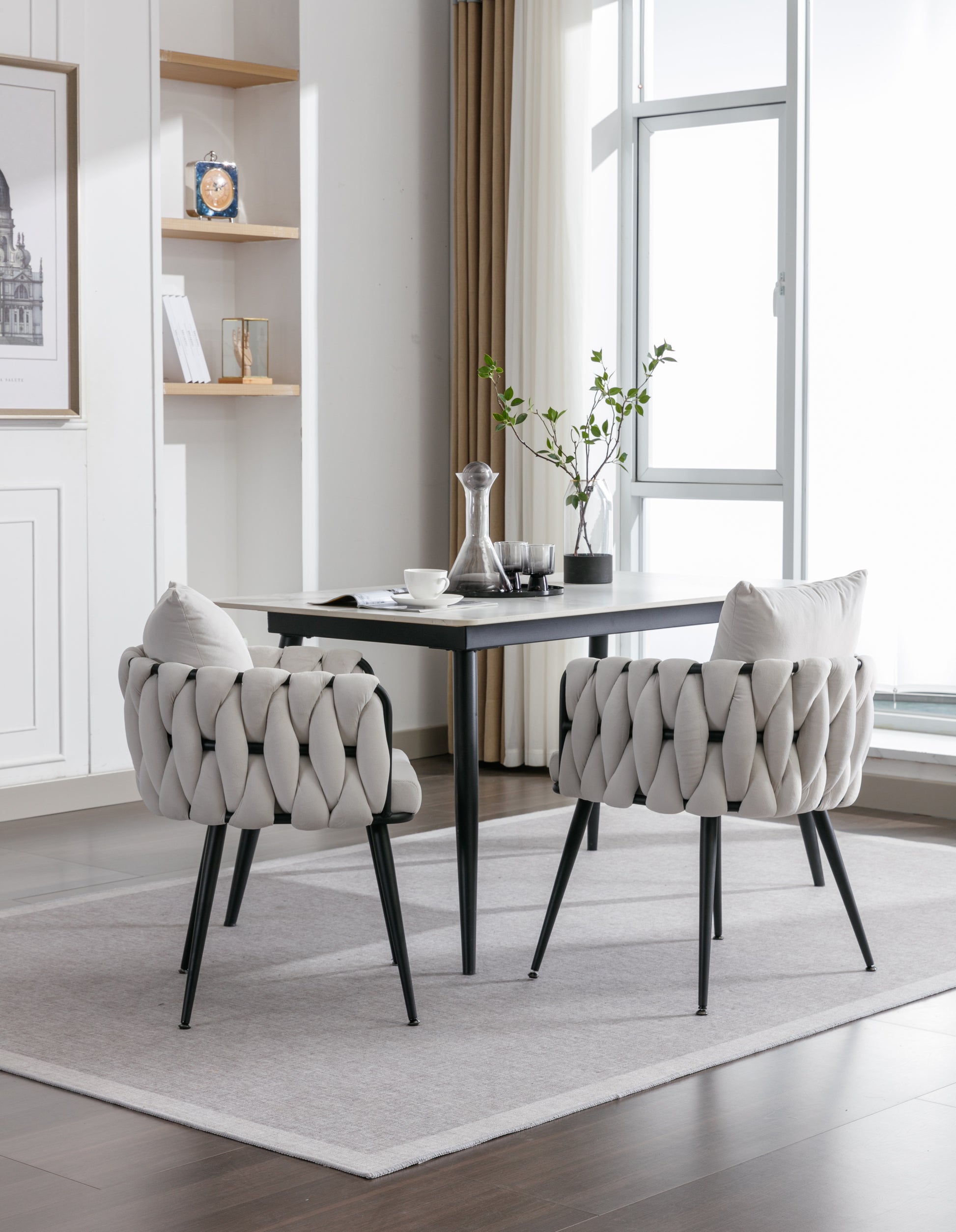 Pure Ivory Modern Velvet Dining Chairs Set Of 2 Hand Weaving Accent Chairs Living Room Chairs Upholstered Side Chair With Black Metal Legs For Dining Room Kitchen Vanity Living Room Ivory Velvet