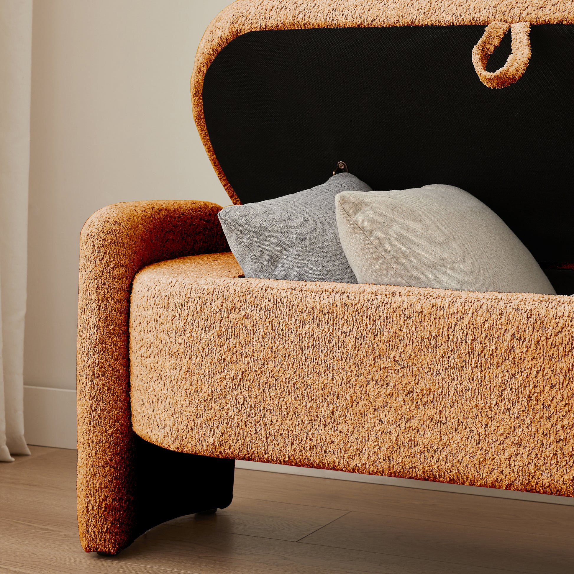 Ottoman Oval Storage Bench 3D Lamb Fleece Fabric Bench With Large Storage Space For The Living Room, Entryway And Bedroom,Brown Orange Dark Brown Polyester