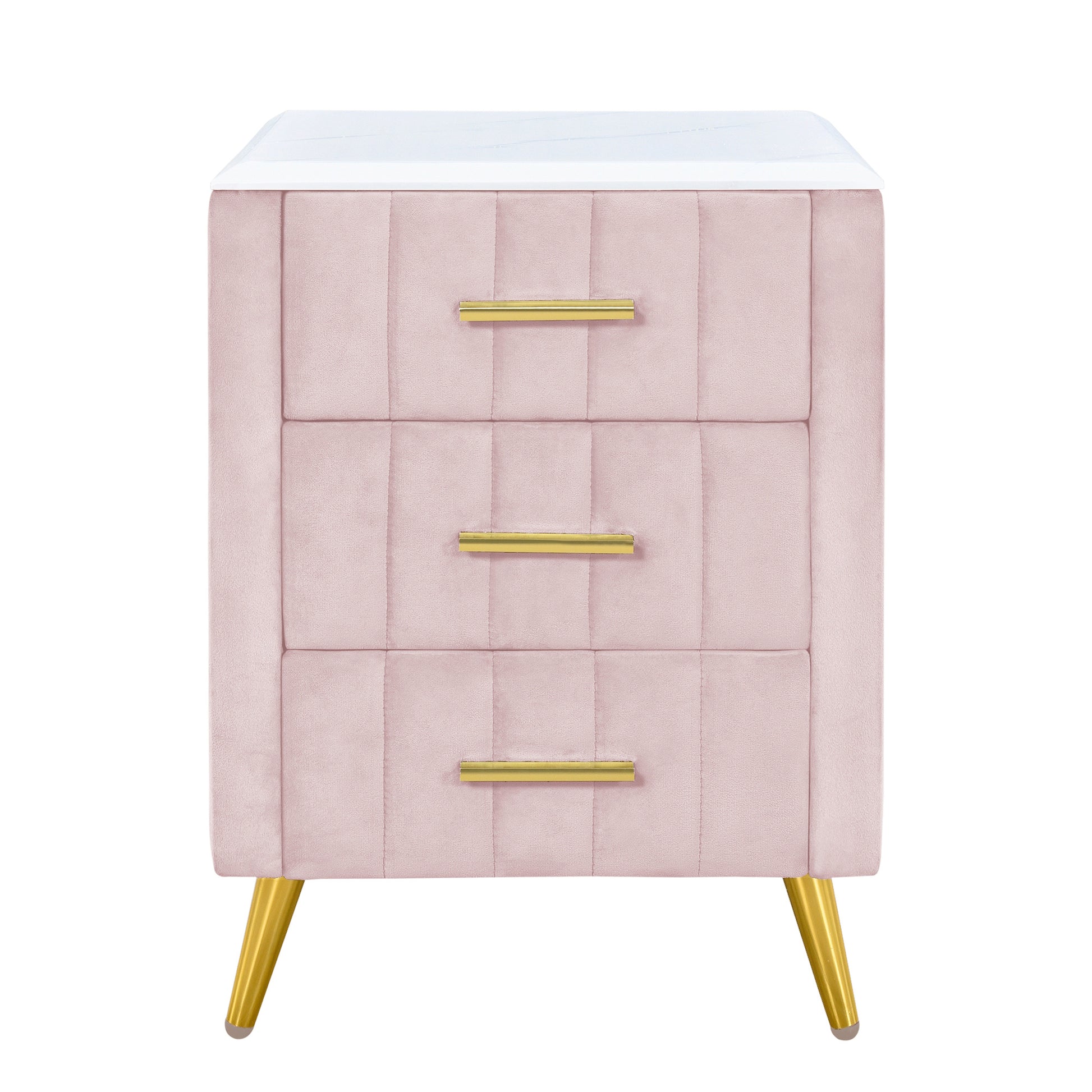 Upholstered Wooden Nightstand With 3 Drawers And Metal Legs&Handles,Fully Assembled Except Legs&Handles,Bedside Table With Marbling Worktop Pink Pink Velvet