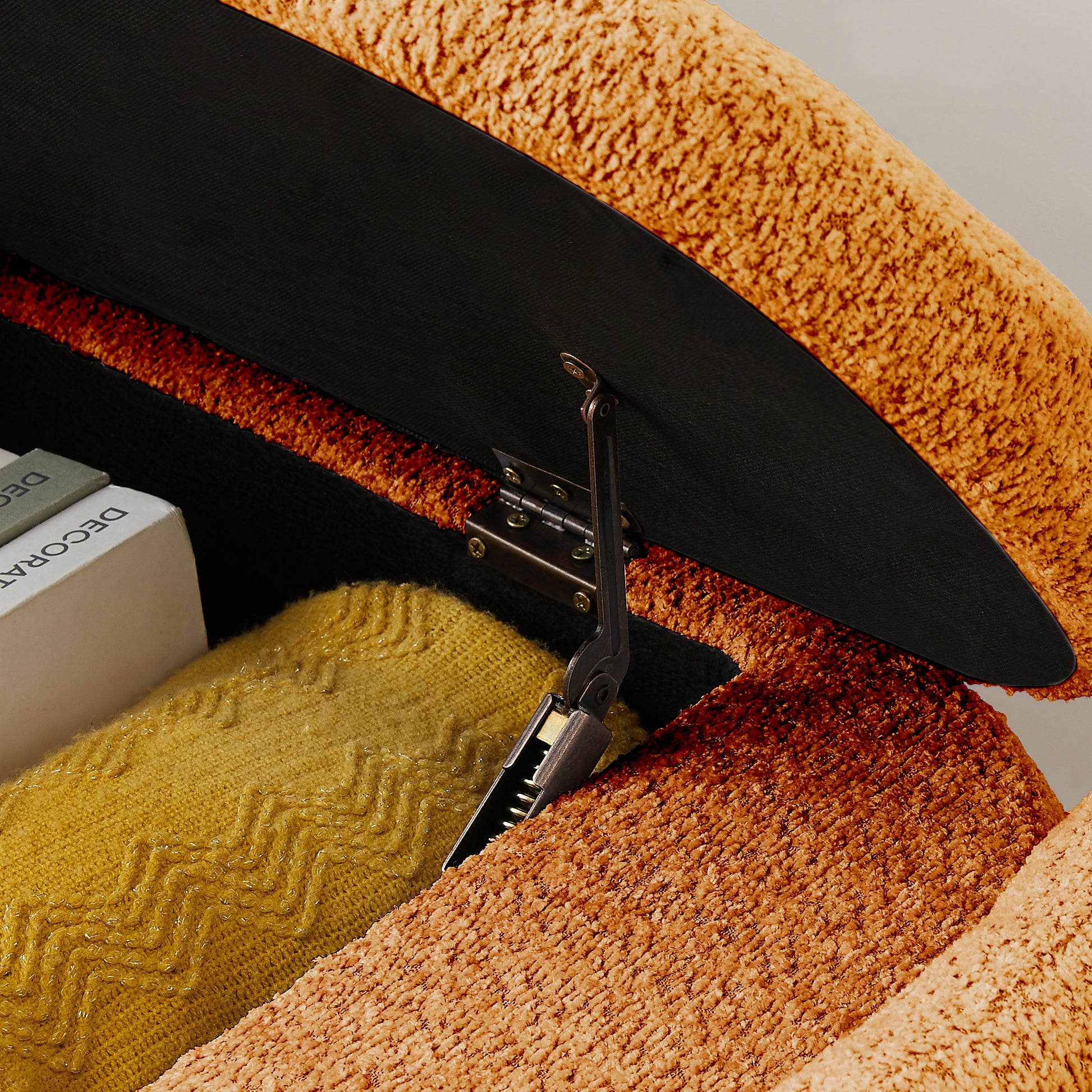 Ottoman Oval Storage Bench 3D Lamb Fleece Fabric Bench With Large Storage Space For The Living Room, Entryway And Bedroom,Brown Orange Dark Brown Polyester