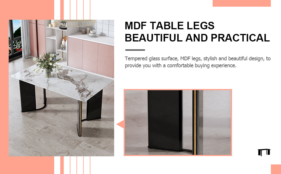 Modern Minimalist Rectangular Dining Table, White Imitation Marble Tabletop, Mdf Table Legs With Gold Metal Decorative Strips. Suitable For Restaurant And Living Roomf Hh White Mdf Glass