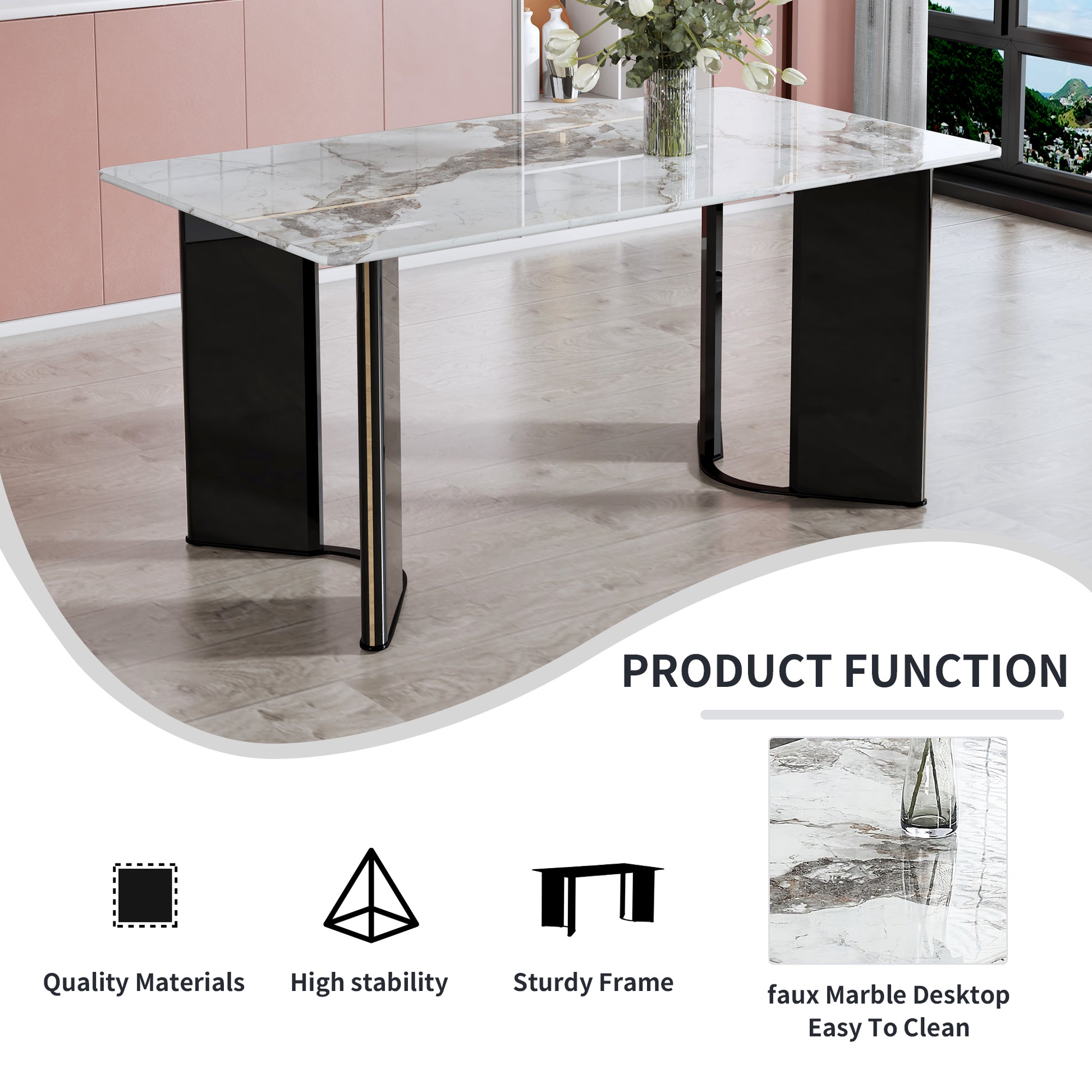 Modern Minimalist Rectangular Dining Table, White Imitation Marble Tabletop, Mdf Table Legs With Gold Metal Decorative Strips. Suitable For Restaurant And Living Roomf Hh White Mdf Glass