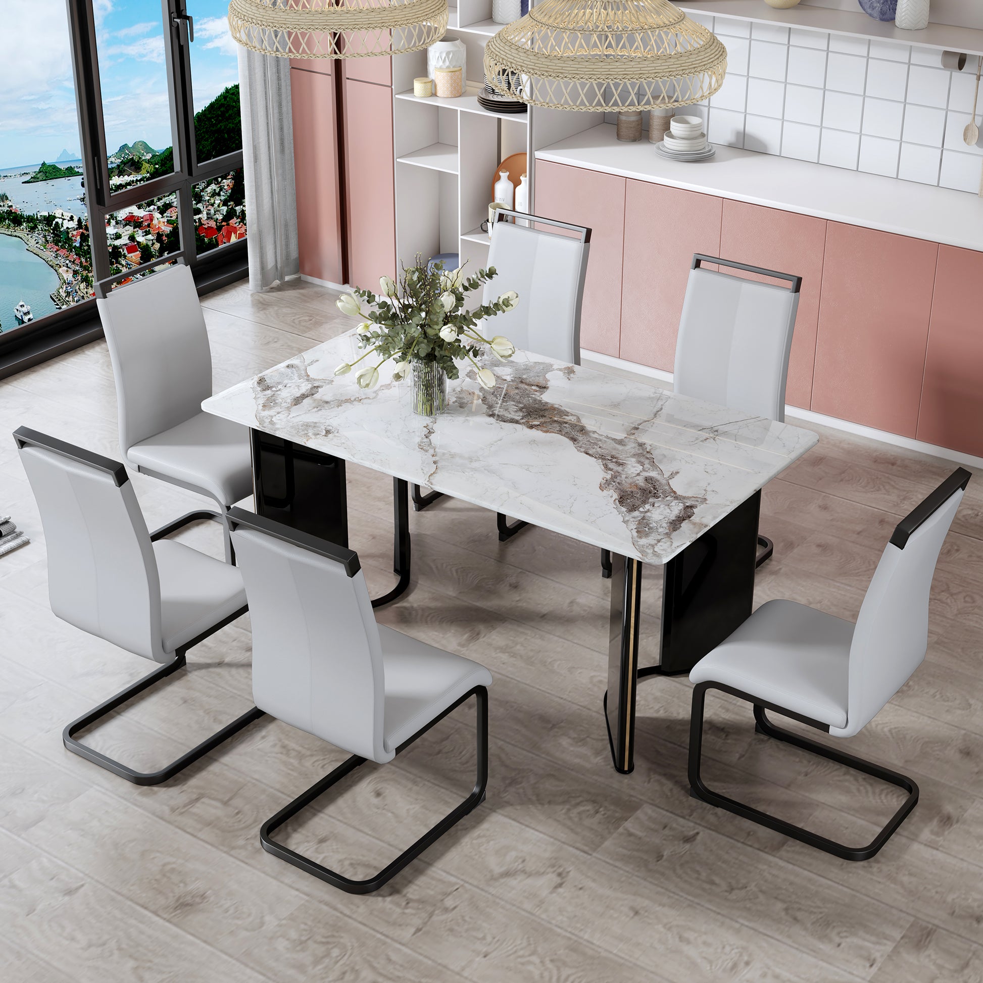 Modern Minimalist Rectangular Dining Table, White Imitation Marble Tabletop, Mdf Table Legs With Gold Metal Decorative Strips. Suitable For Restaurant And Living Roomf Hh White Mdf Glass