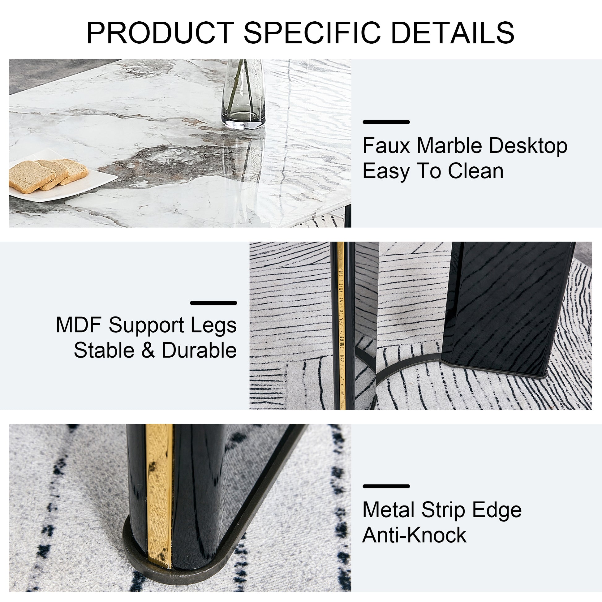 Modern Minimalist Rectangular Dining Table, White Imitation Marble Tabletop, Mdf Table Legs With Gold Metal Decorative Strips. Suitable For Restaurant And Living Roomf Hh White Mdf Glass