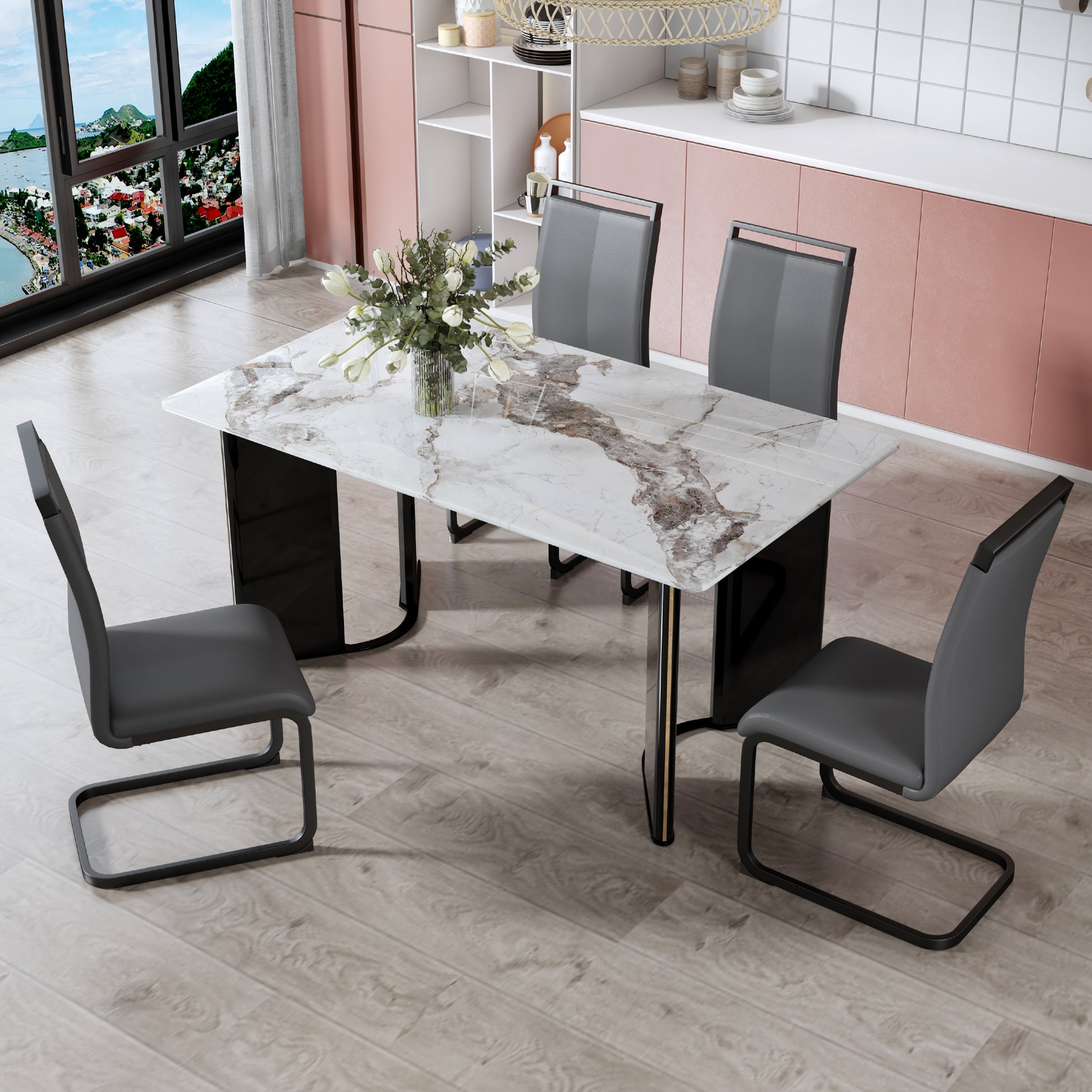 Modern Minimalist Rectangular Dining Table, White Imitation Marble Tabletop, Mdf Table Legs With Gold Metal Decorative Strips. Suitable For Restaurant And Living Roomf Hh White Mdf Glass