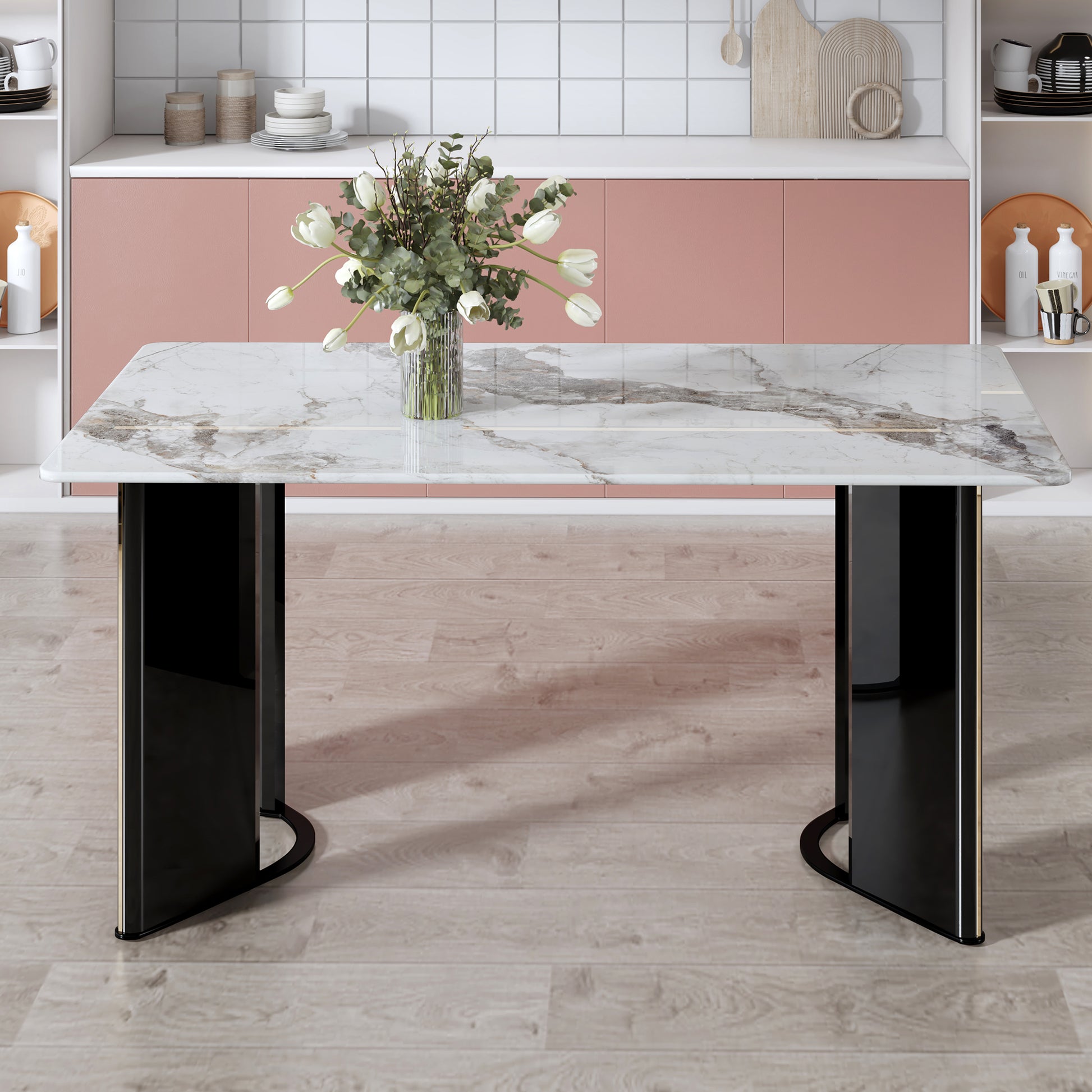 Modern Minimalist Rectangular Dining Table, White Imitation Marble Tabletop, Mdf Table Legs With Gold Metal Decorative Strips. Suitable For Restaurant And Living Roomf Hh White Mdf Glass