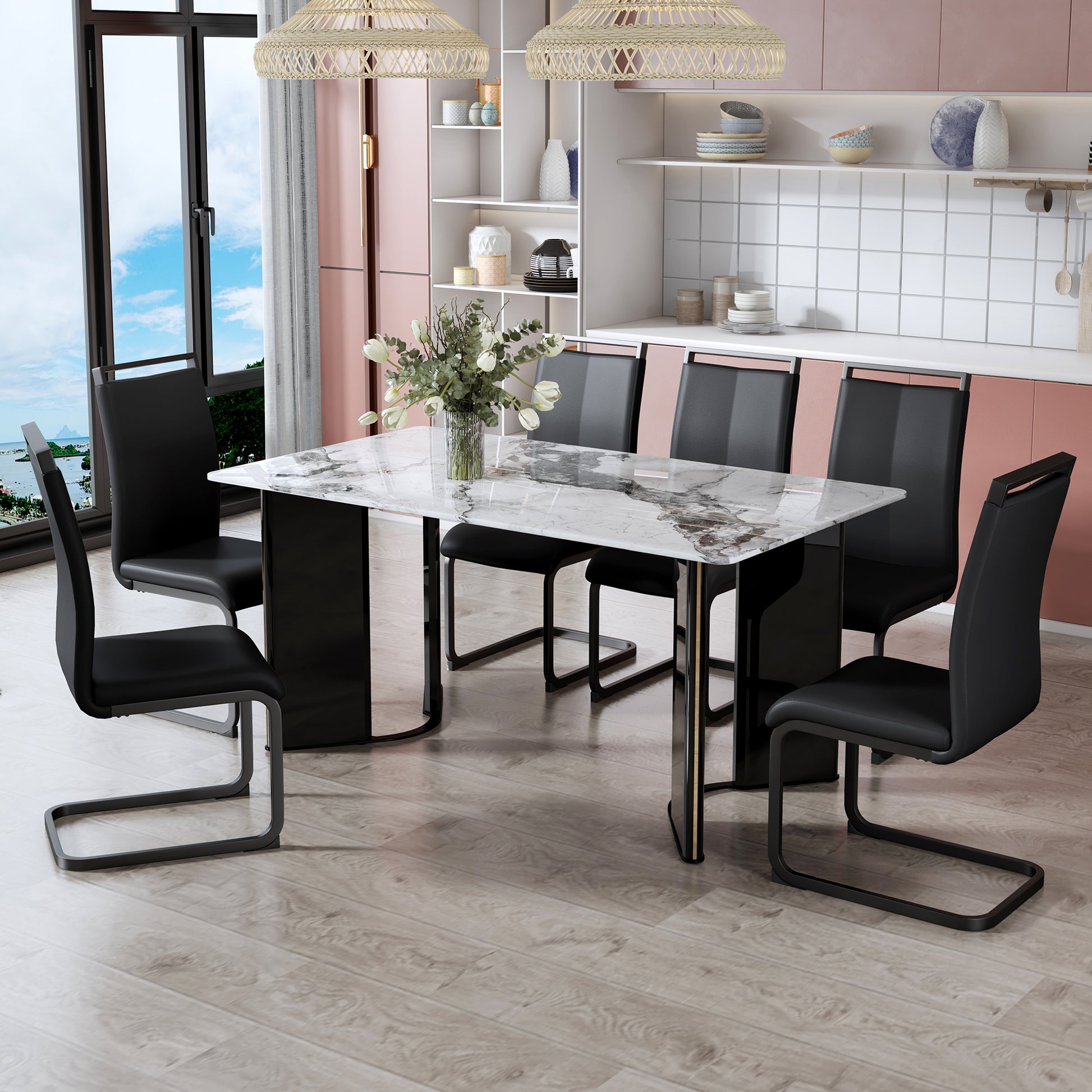 Modern Minimalist Rectangular Dining Table, White Imitation Marble Tabletop, Mdf Table Legs With Gold Metal Decorative Strips. Suitable For Restaurant And Living Roomf Hh White Mdf Glass