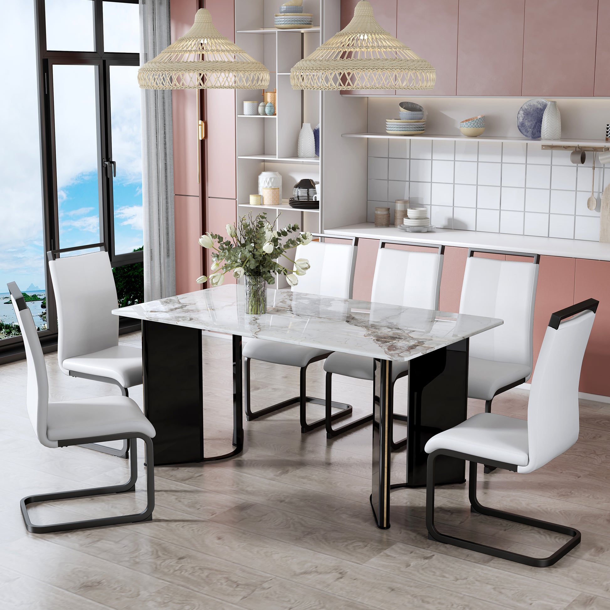 Modern Minimalist Rectangular Dining Table, White Imitation Marble Tabletop, Mdf Table Legs With Gold Metal Decorative Strips. Suitable For Restaurant And Living Roomf Hh White Mdf Glass