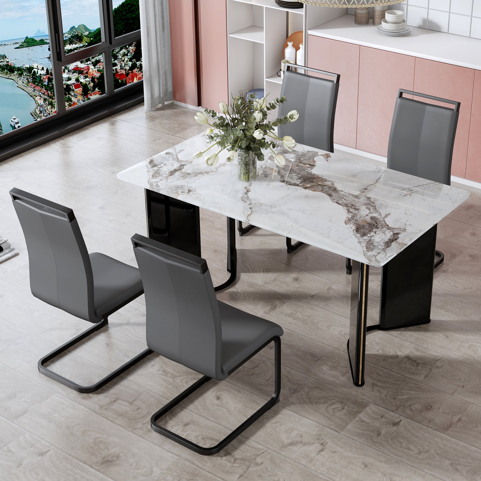 Modern Minimalist Rectangular Dining Table, White Imitation Marble Tabletop, Mdf Table Legs With Gold Metal Decorative Strips. Suitable For Restaurant And Living Roomf Hh White Mdf Glass