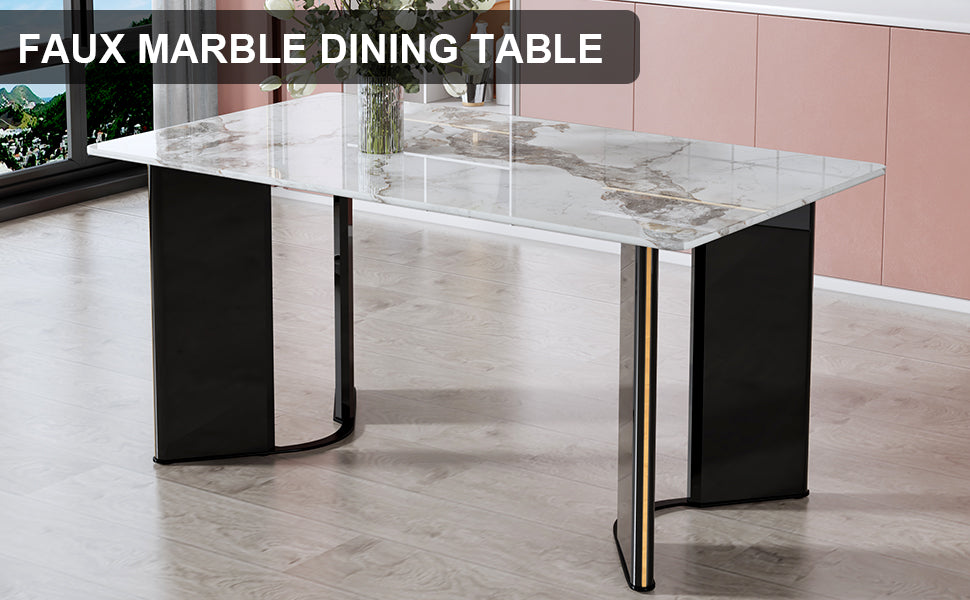 Modern Minimalist Rectangular Dining Table, White Imitation Marble Tabletop, Mdf Table Legs With Gold Metal Decorative Strips. Suitable For Restaurant And Living Roomf Hh White Mdf Glass