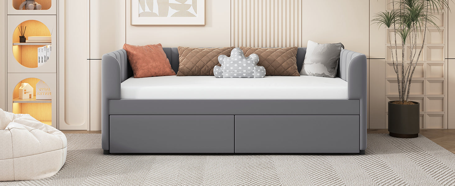 Twin Size Upholstered Daybed With Ergonomic Design Backrest And 2 Drawers, Gray Gray Velvet