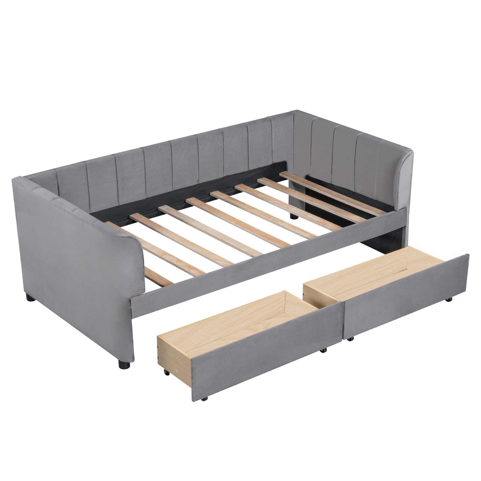 Twin Size Upholstered Daybed With Ergonomic Design Backrest And 2 Drawers, Gray Gray Velvet