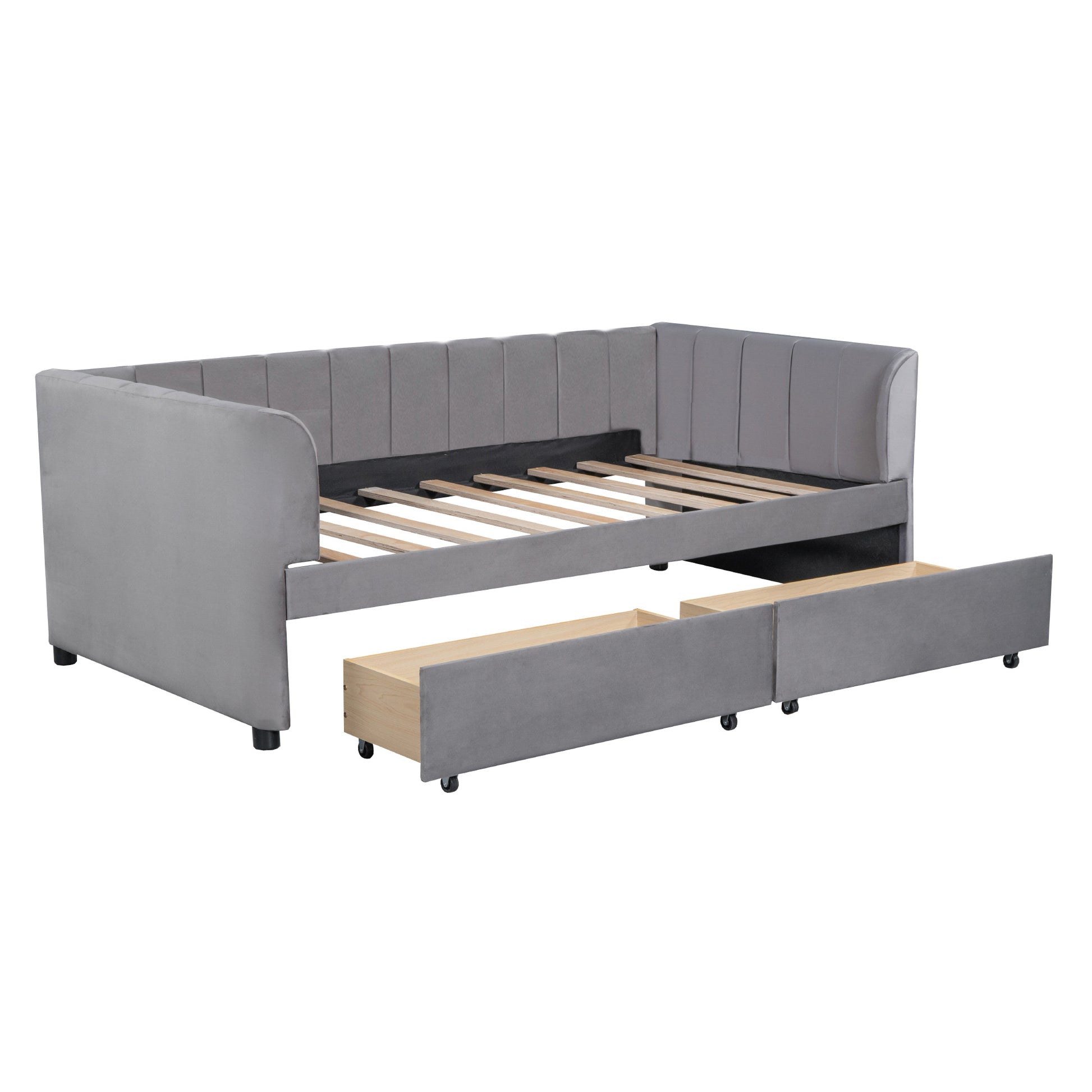 Twin Size Upholstered Daybed With Ergonomic Design Backrest And 2 Drawers, Gray Gray Velvet