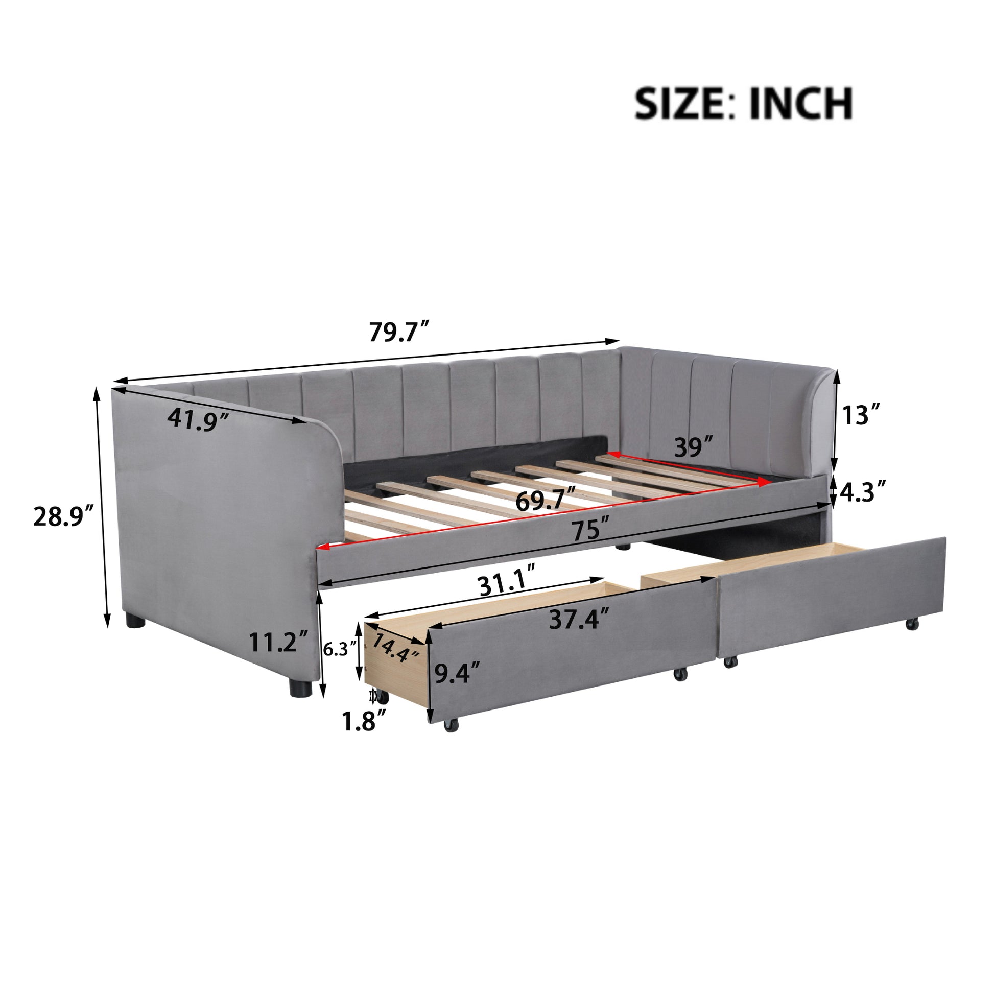 Twin Size Upholstered Daybed With Ergonomic Design Backrest And 2 Drawers, Gray Gray Velvet