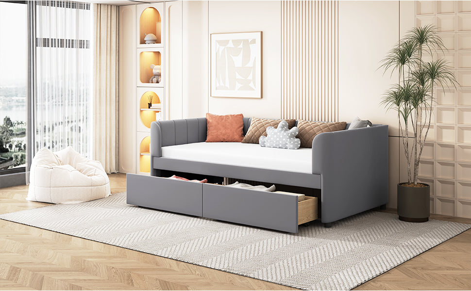 Twin Size Upholstered Daybed With Ergonomic Design Backrest And 2 Drawers, Gray Gray Velvet
