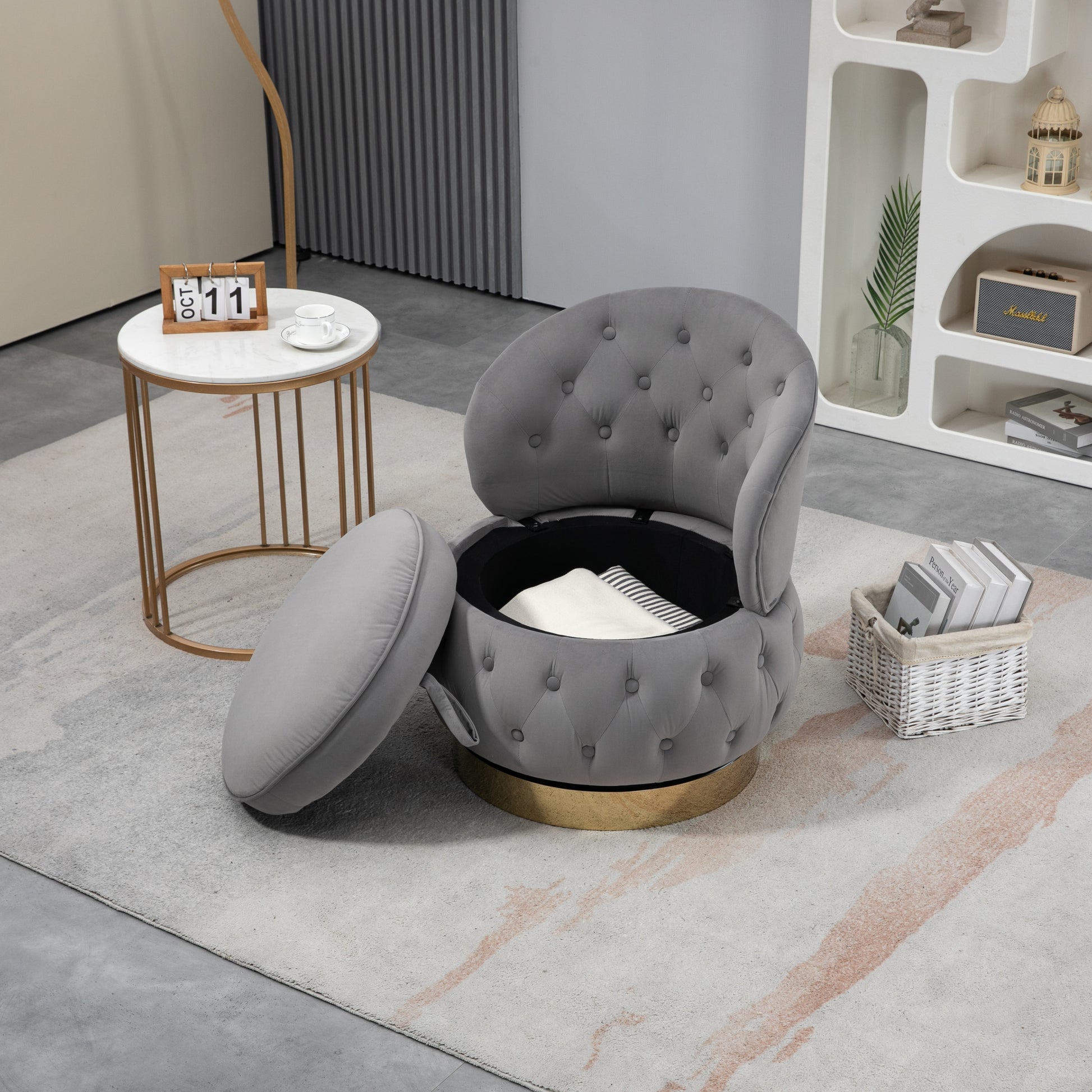 360 Degree Swivel Cuddle Barrel Accent Storage Chairs, Round Armchairs With Wide Upholstered, Fluffy Velvet Fabric Chair For Living Room, Bedroom, Office, Waiting Rooms Gray Primary Living Space Foam Velvet