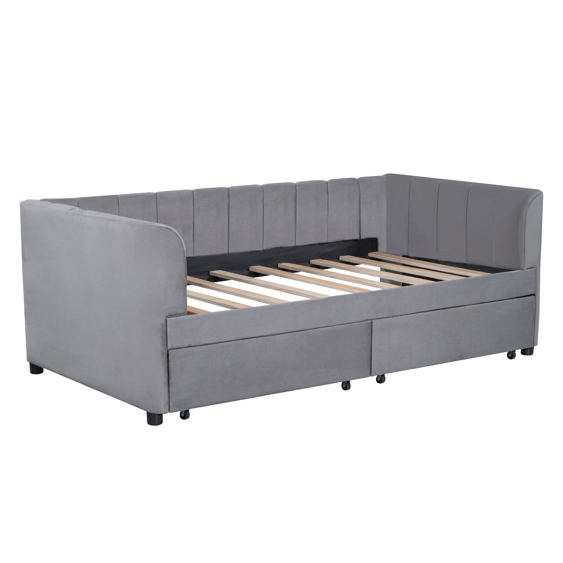 Twin Size Upholstered Daybed With Ergonomic Design Backrest And 2 Drawers, Gray Gray Velvet