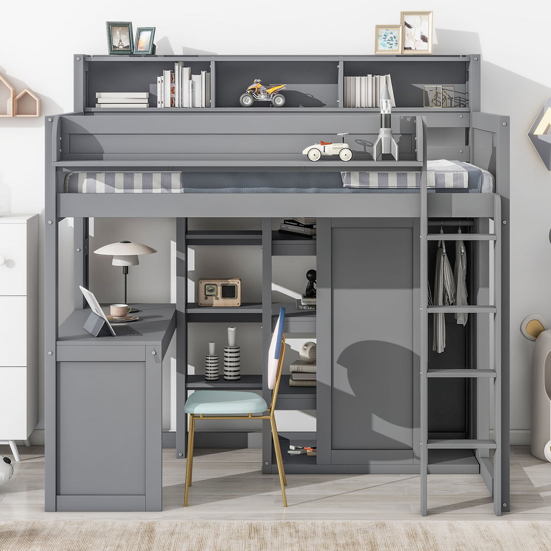 Wood Twin Size Loft Bed With Multiple Storage Shelves And Wardrobe, Gray Box Spring Not Required Twin Gray Wood Bedroom Solid Wood Mdf