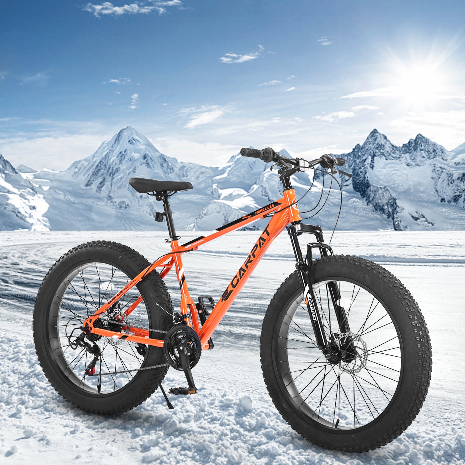 S26109 26 Inch Fat Tire Bike Adult Youth Full Shimano 21 Speed Mountain Bike, Dual Disc Brake, High Carbon Steel Frame, Front Suspension, Mountain Trail Bike, Urban Commuter City Bicycle Cycling Orange Without Anti Slip Garden & Outdoor American Design
