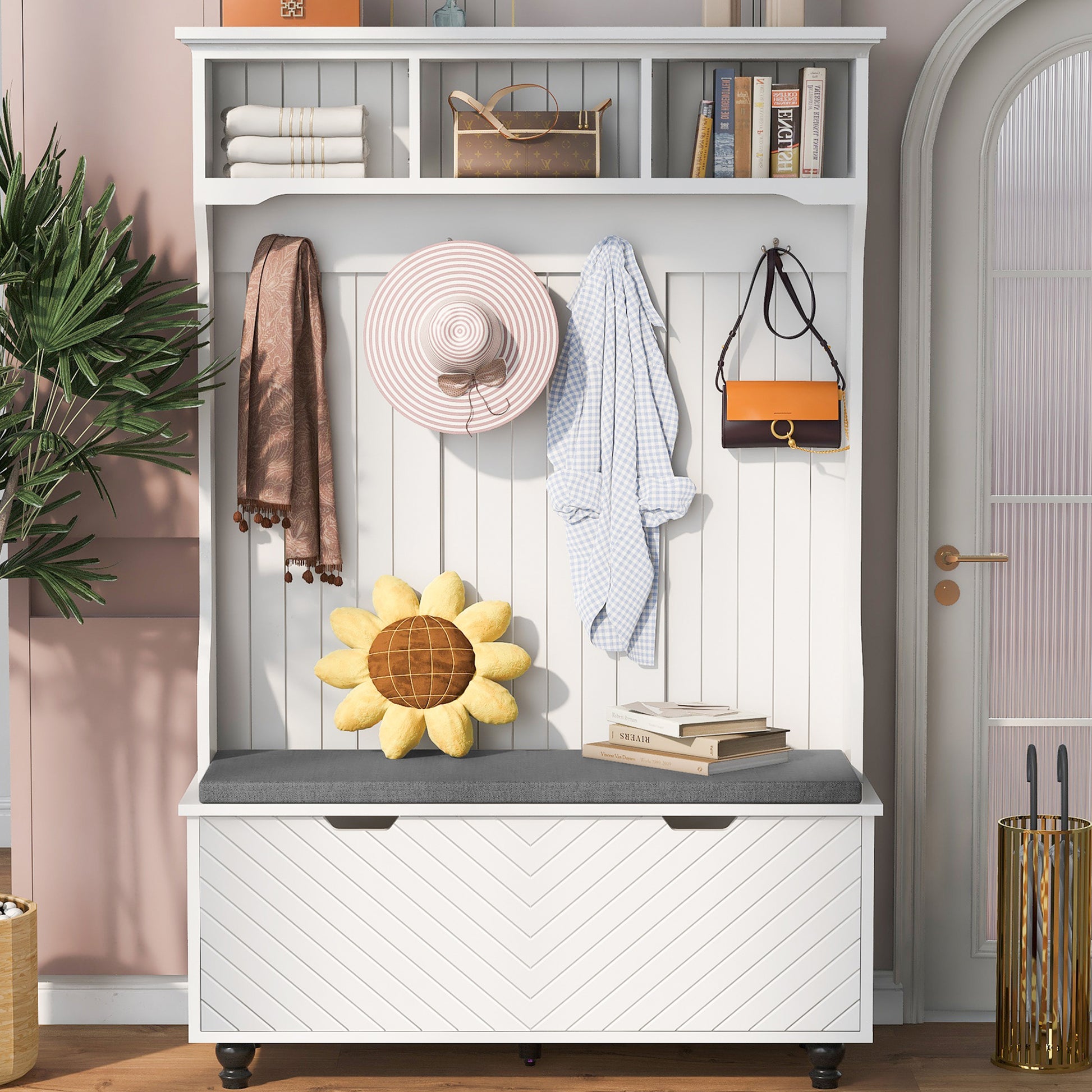 4 In 1 Entryway Bench With Coat Rack, Cushion And 4 Sturdy Hooks, 47.2'' Wide Hall Tree With Storage Bench For Hallway, Entryway, Living Room White Mdf