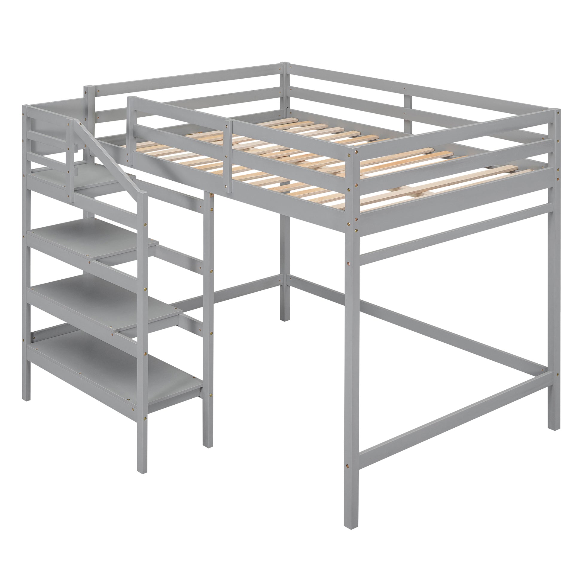 Full Size Loft Bed With Built In Storage Staircase And Hanger For Clothes, Gray Box Spring Not Required Full Gray Wood Bedroom Pine