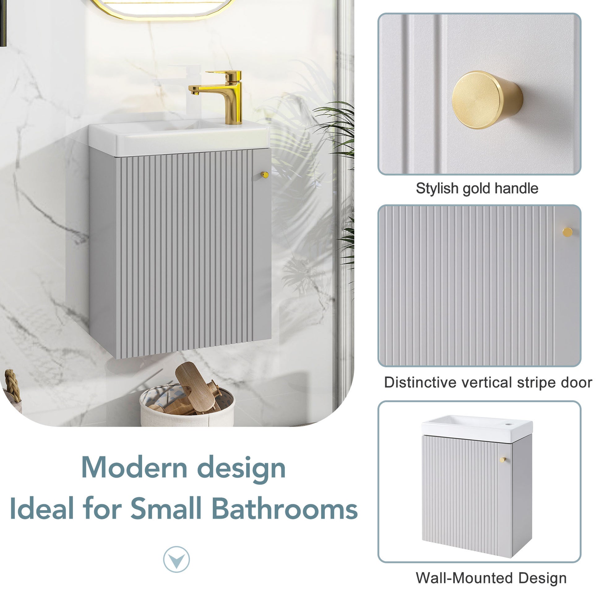 Viedo Contemporary 16" Wall Mounted Bathroom Vanity Combo Cabinet With Ceramic Basin Ideal For Small Bathrooms Grey Mdf