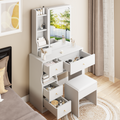 Small Space Left Drawer Desktop Vanity Table Cushioned Stool, Extra Large Right Sliding Mirror, Multi Layer High Capacity Storage, Practical Fashionable Dresser, Suitable For Girls Up To 5.6Ft Tall White Mdf