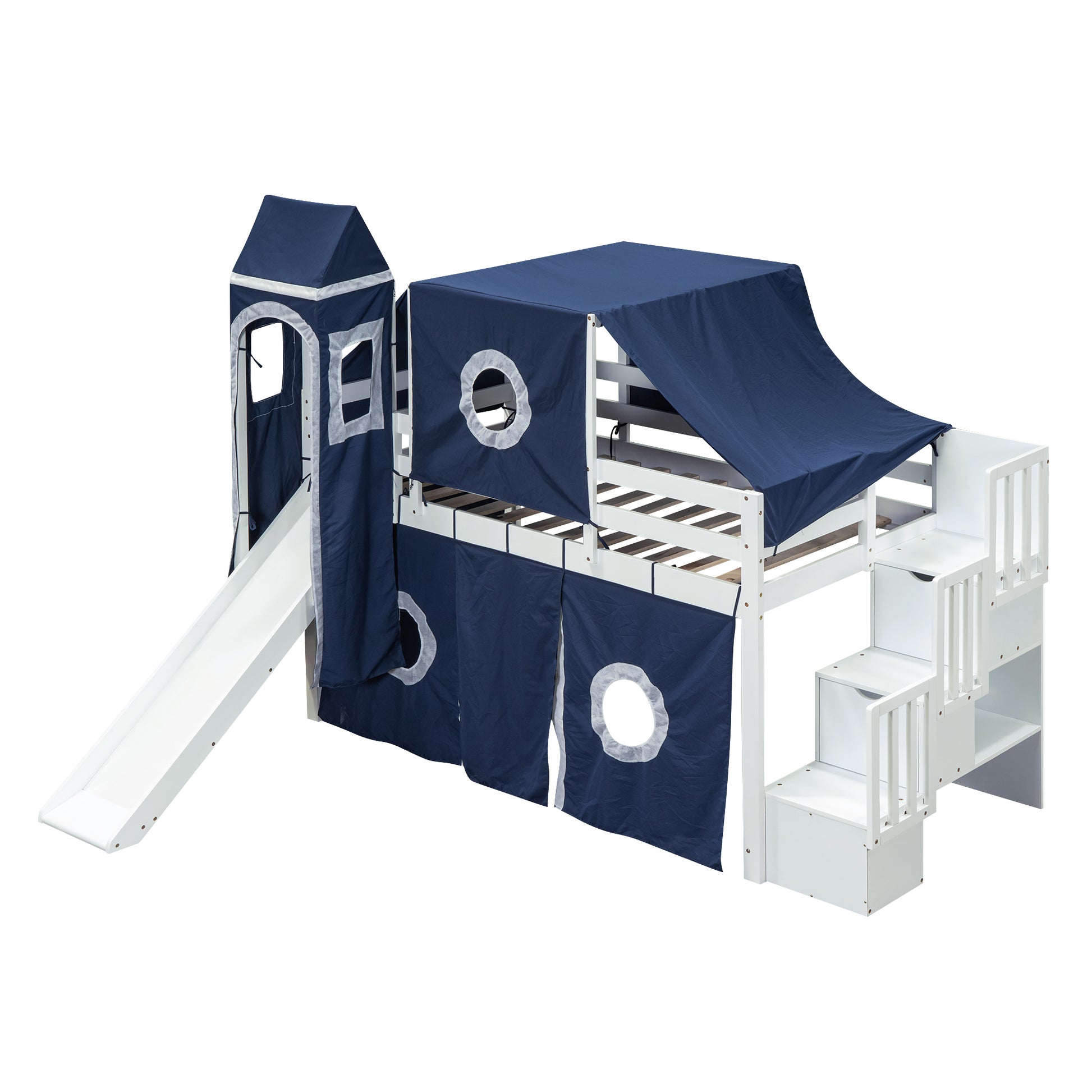 Twin Size Loft Bed With Tent And Tower Blue Blue Solid Wood