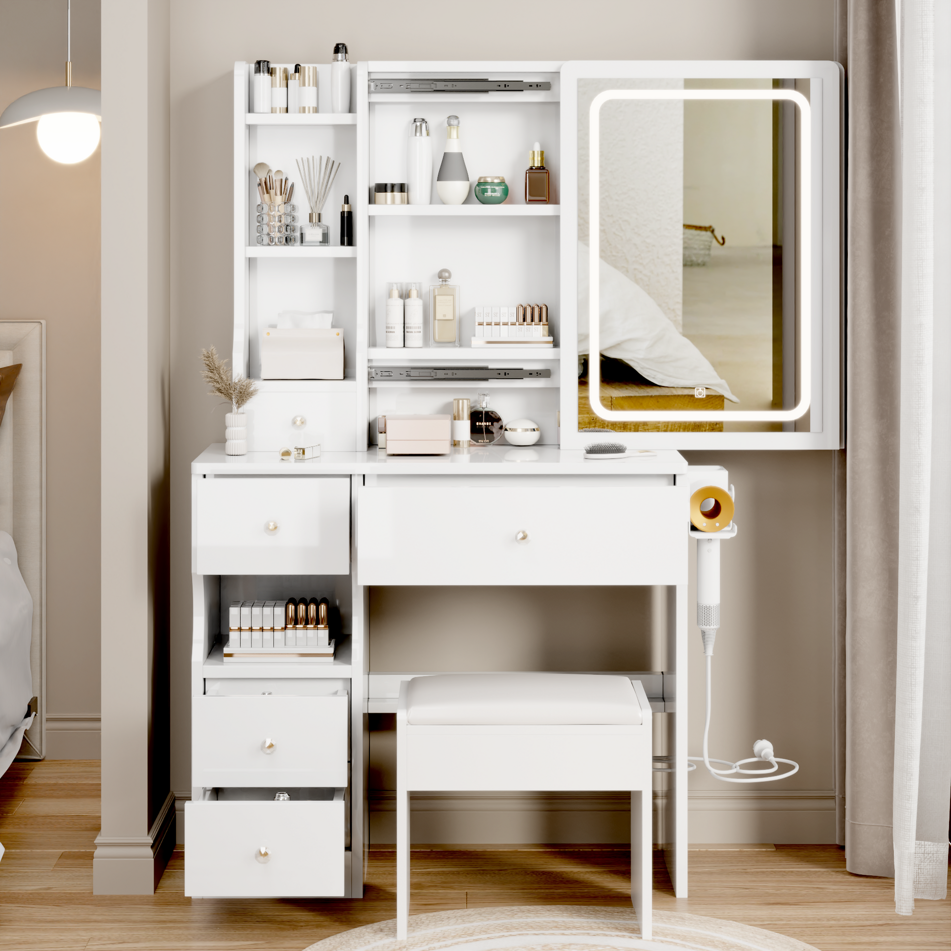 Small Space Left Drawer Desktop Vanity Table Cushioned Stool, 2 Ac 2 Usb Power Station, Hair Dryer Bracket, Extra Large Touch Control Sliding Led Mirror, Tri Color Switching, Brightness Adjustable