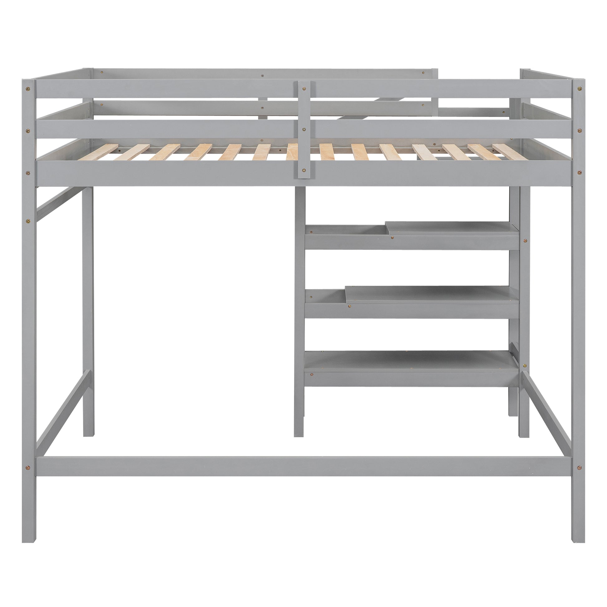 Full Size Loft Bed With Built In Storage Staircase And Hanger For Clothes, Gray Box Spring Not Required Full Gray Wood Bedroom Pine