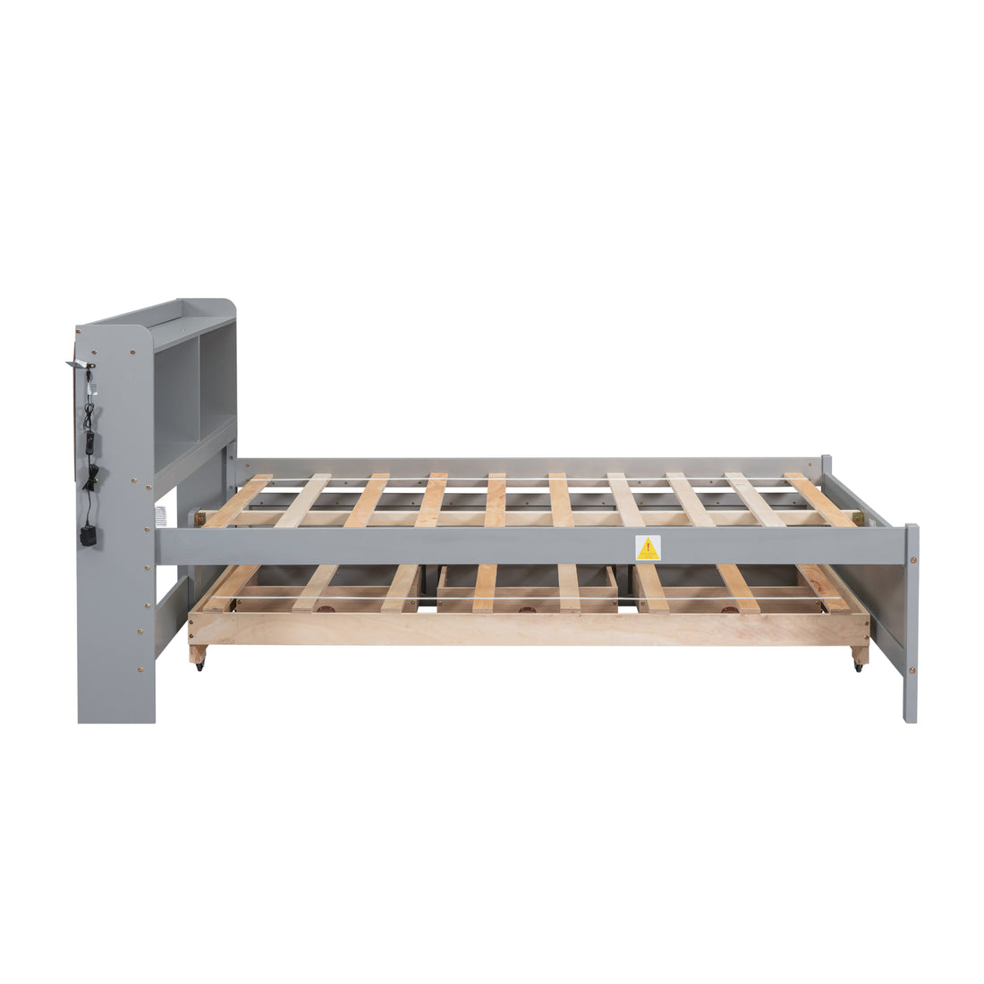 Full Size Bed With Usb & Type C Ports, Led Light, Bookcase Headboard, Trundle And 3 Storage Drawersfull Size Size Bed With Bookcase Headboard, Trundle And Storage Drawers ,Grey Full Grey American Design Pine