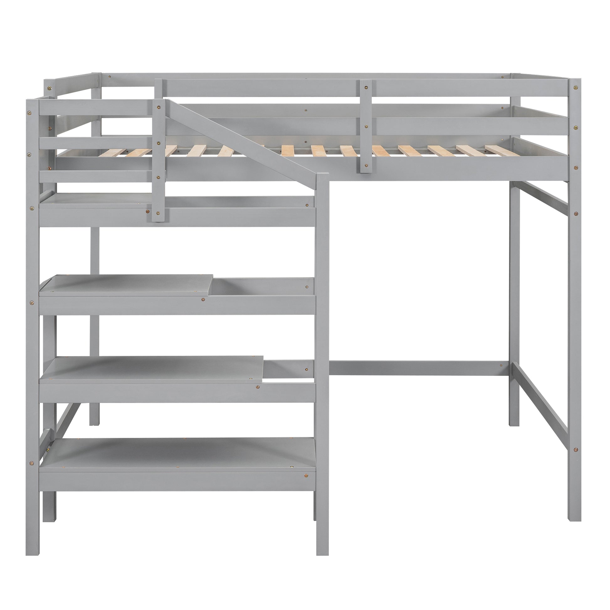 Full Size Loft Bed With Built In Storage Staircase And Hanger For Clothes, Gray Box Spring Not Required Full Gray Wood Bedroom Pine