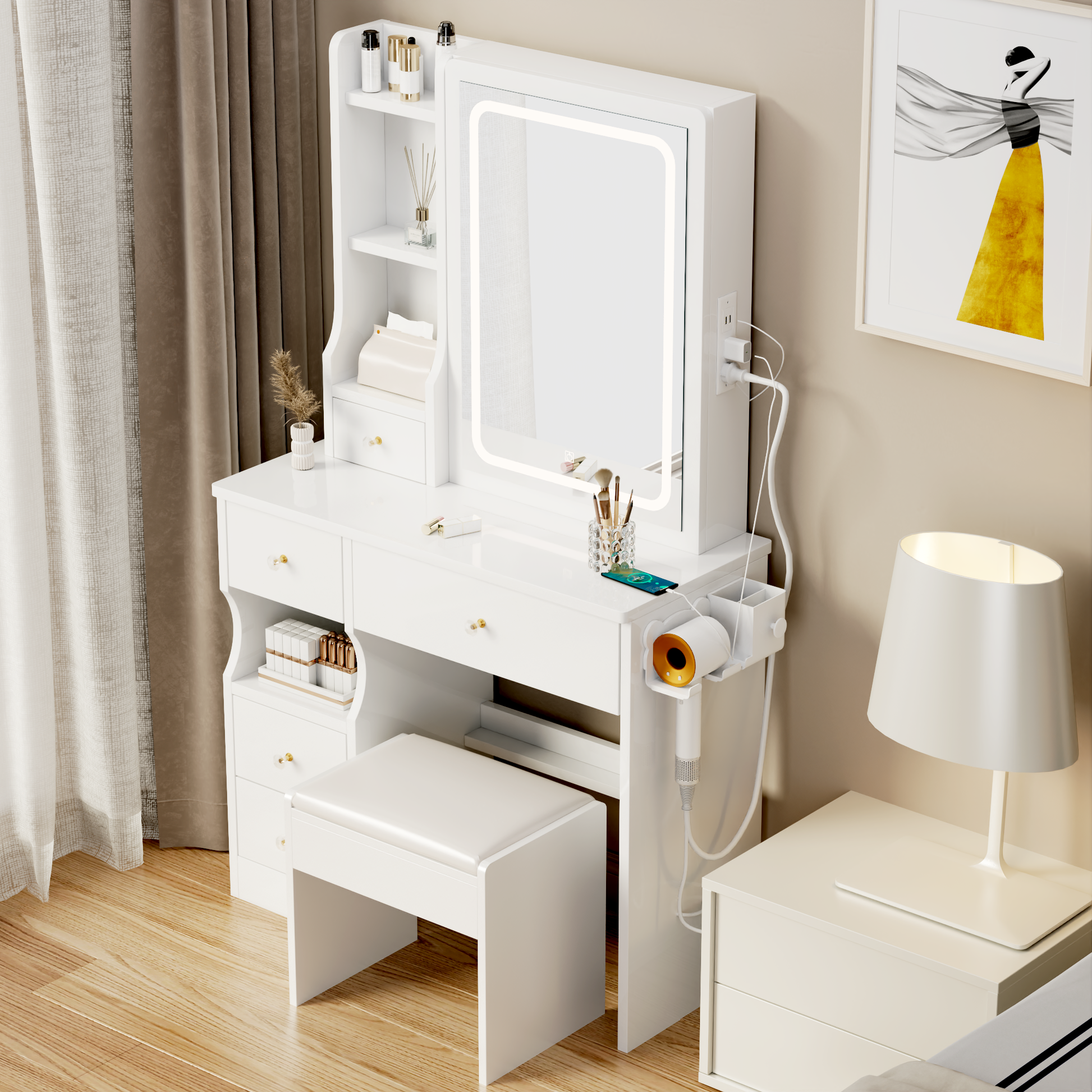 Small Space Left Drawer Desktop Vanity Table Cushioned Stool, 2 Ac 2 Usb Power Station, Hair Dryer Bracket, Extra Large Touch Control Sliding Led Mirror, Tri Color Switching, Brightness Adjustable