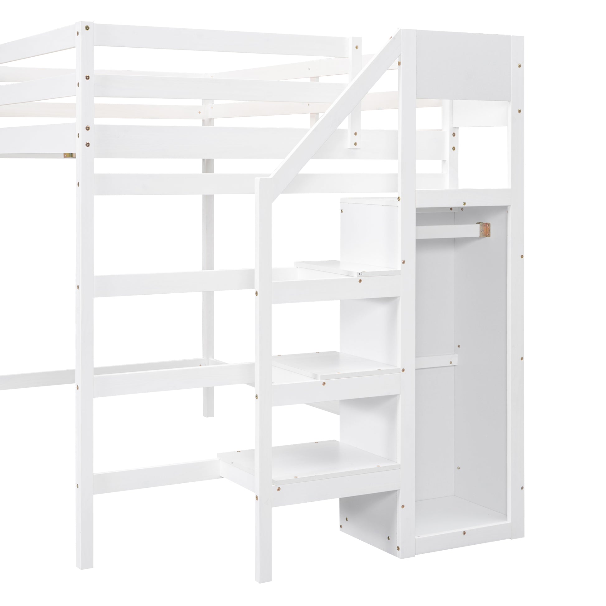 Full Size Loft Bed With Built In Storage Wardrobe And Staircase, White Box Spring Not Required Full White Wood Bedroom Pine