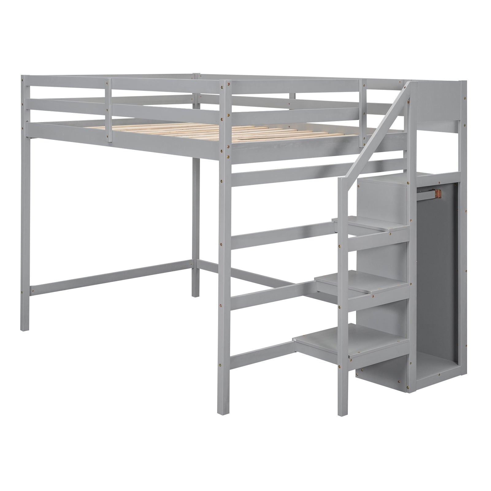 Full Size Loft Bed With Built In Storage Wardrobe And Staircase, Gray Old Sku:Sm000527Aae Box Spring Not Required Full Gray Wood Bedroom Pine