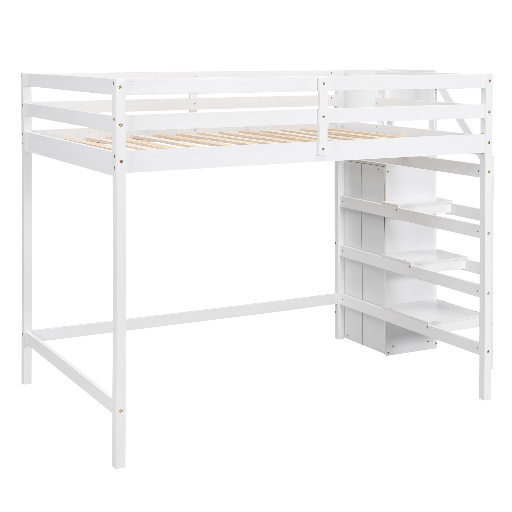 Full Size Loft Bed With Built In Storage Wardrobe And Staircase, White Box Spring Not Required Full White Wood Bedroom Pine