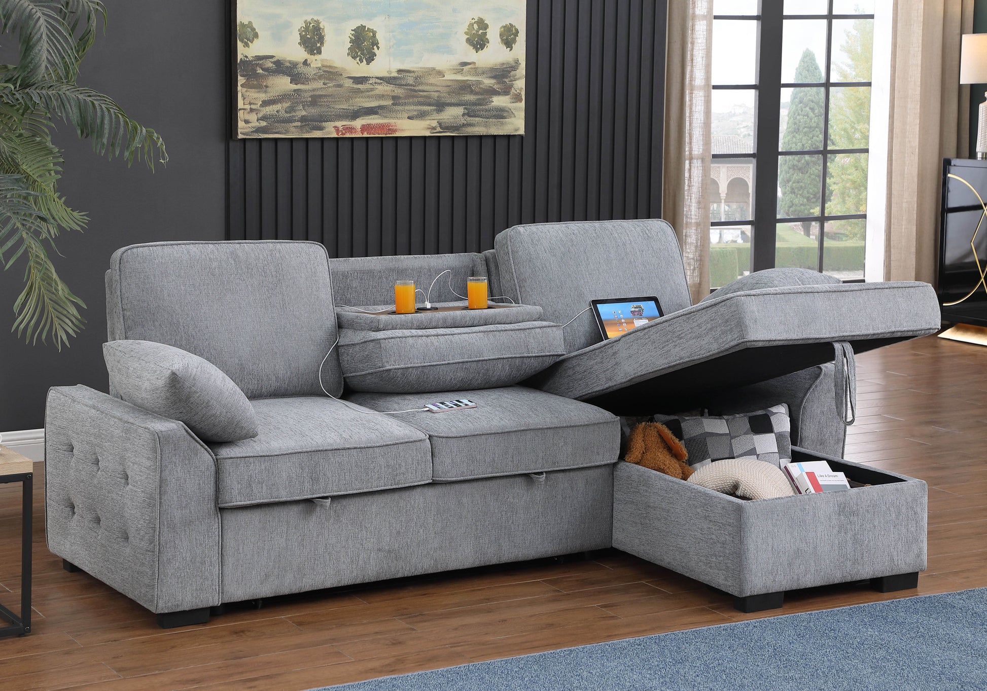Mackenzie 91"W Light Gray Chenille Fabric Sleeper Sectional With Right Facing Storage Chaise, Drop Down Table, Cup Holders And Charging Ports Light Gray Chenille 3 Seat