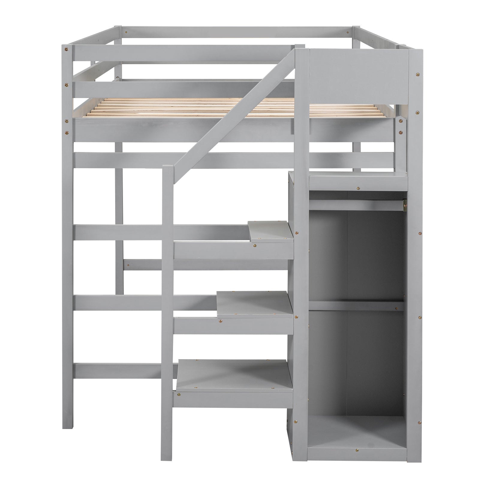 Full Size Loft Bed With Built In Storage Wardrobe And Staircase, Gray Old Sku:Sm000527Aae Box Spring Not Required Full Gray Wood Bedroom Pine