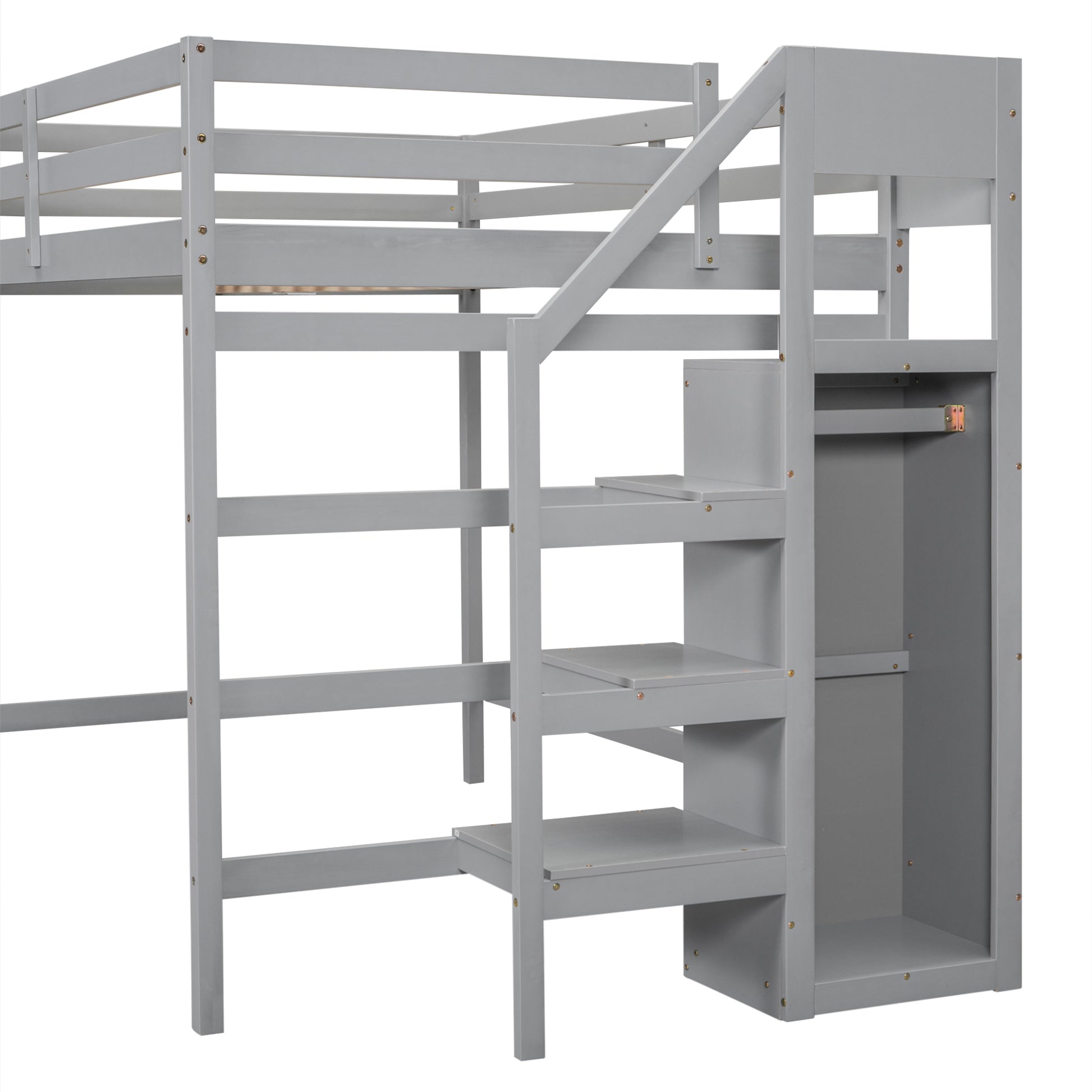 Full Size Loft Bed With Built In Storage Wardrobe And Staircase, Gray Old Sku:Sm000527Aae Box Spring Not Required Full Gray Wood Bedroom Pine