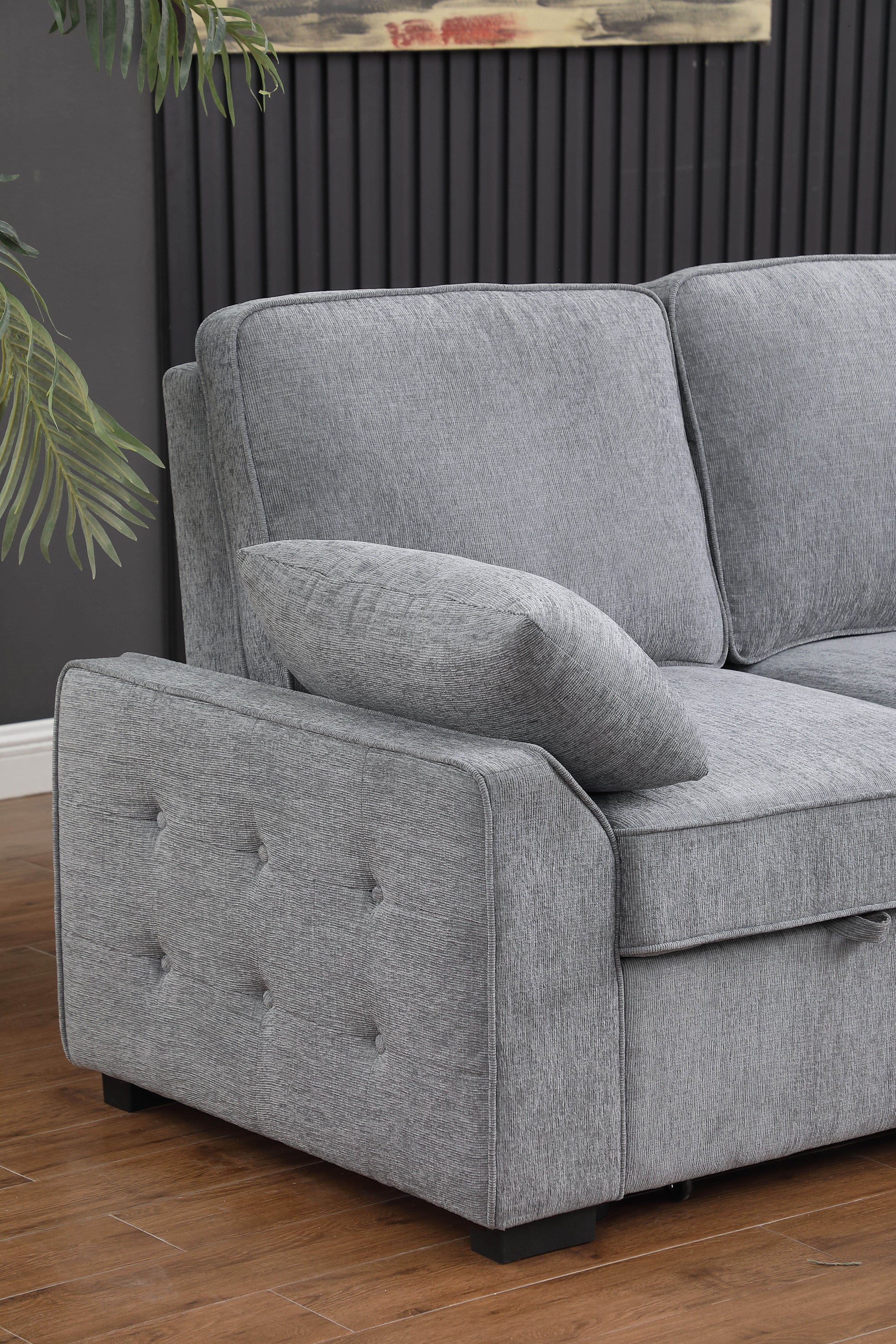 Mackenzie 91"W Light Gray Chenille Fabric Sleeper Sectional With Right Facing Storage Chaise, Drop Down Table, Cup Holders And Charging Ports Light Gray Chenille 3 Seat