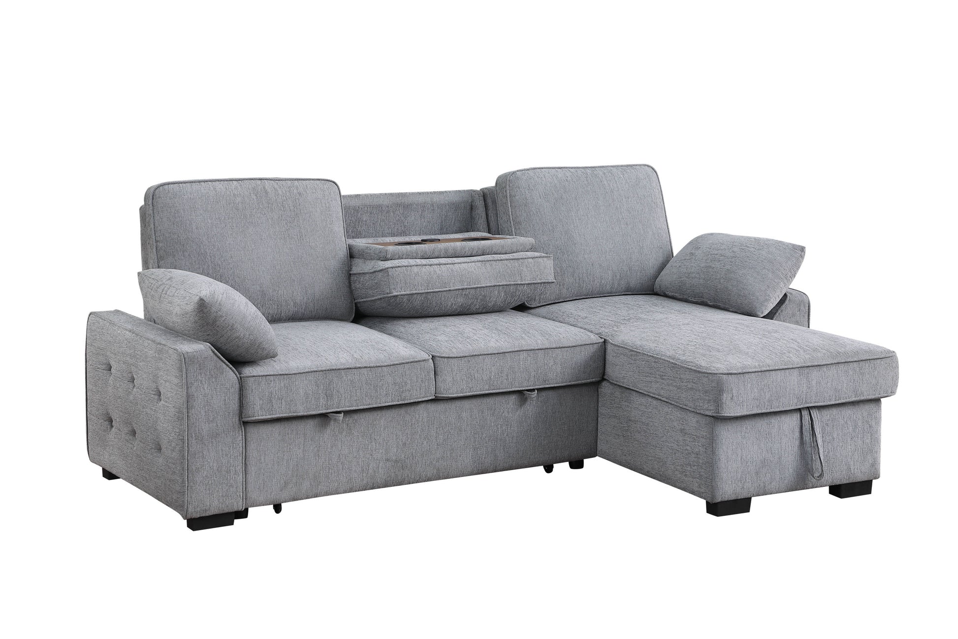 Mackenzie 91"W Light Gray Chenille Fabric Sleeper Sectional With Right Facing Storage Chaise, Drop Down Table, Cup Holders And Charging Ports Light Gray Chenille 3 Seat